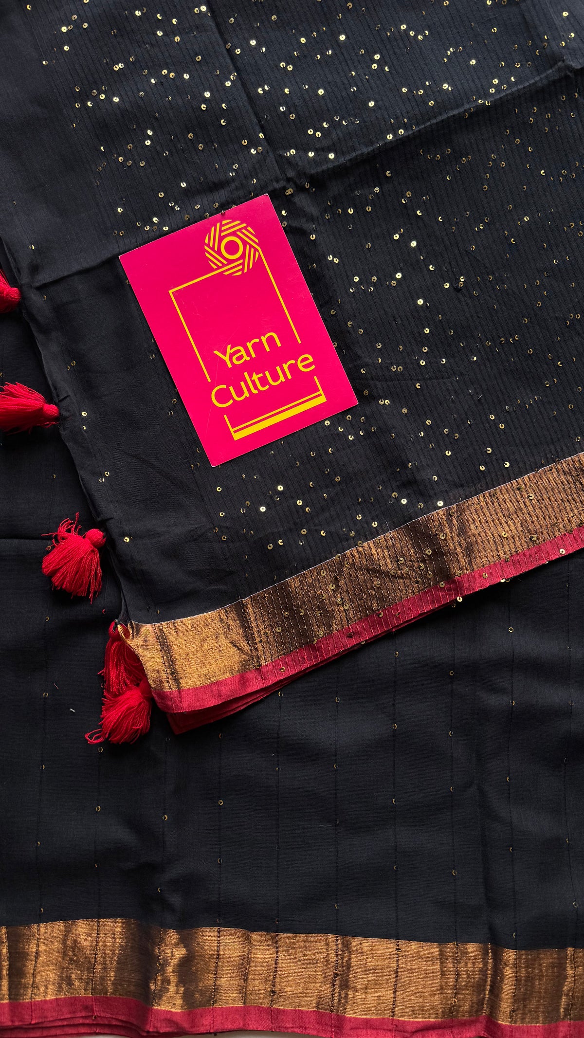 Black mul cotton saree with sequins and zari border - YCBCMCSE29