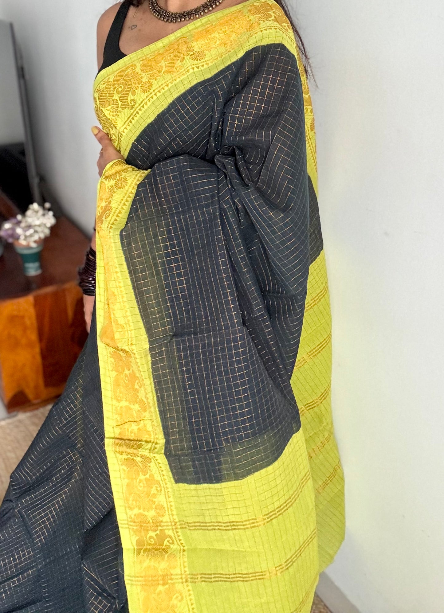 Black with lime green checkered sungudi, madurai cotton - YCCOTNSUDE44