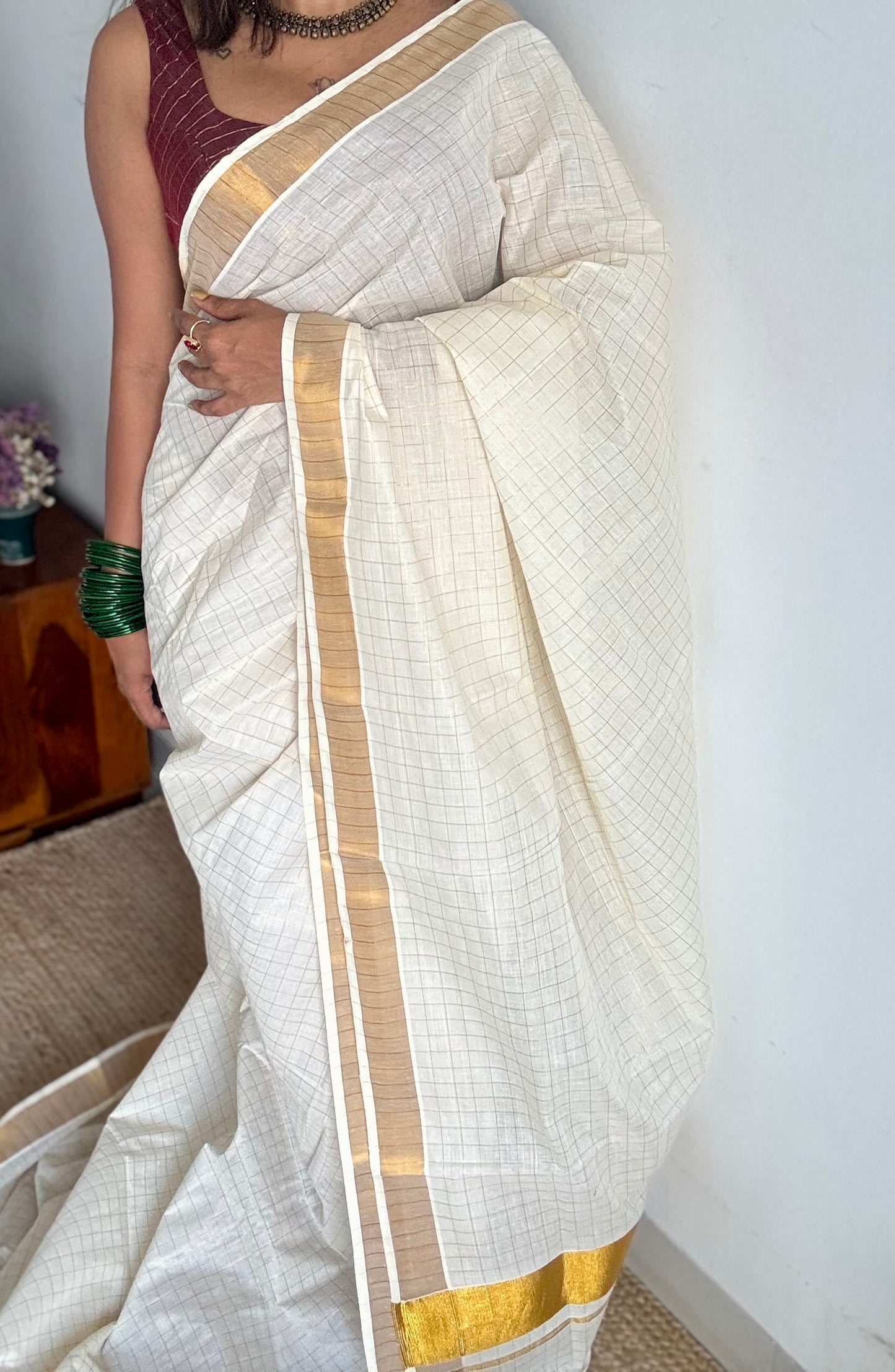 Ivory Kerala cotton saree with gold checks - YCIEKCFE318