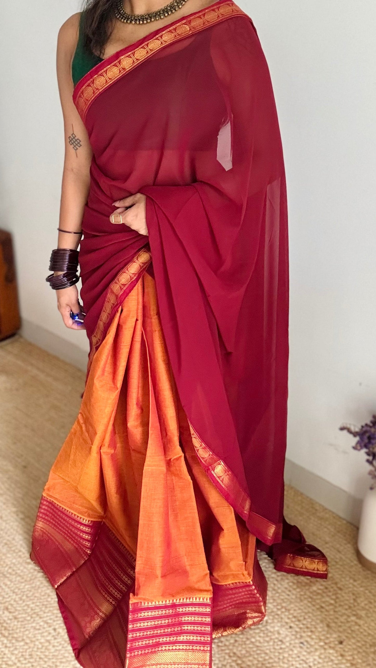 Orange - Maroon unstitched half saree material (dhavani), kanchi cotton - YCIEHS211
