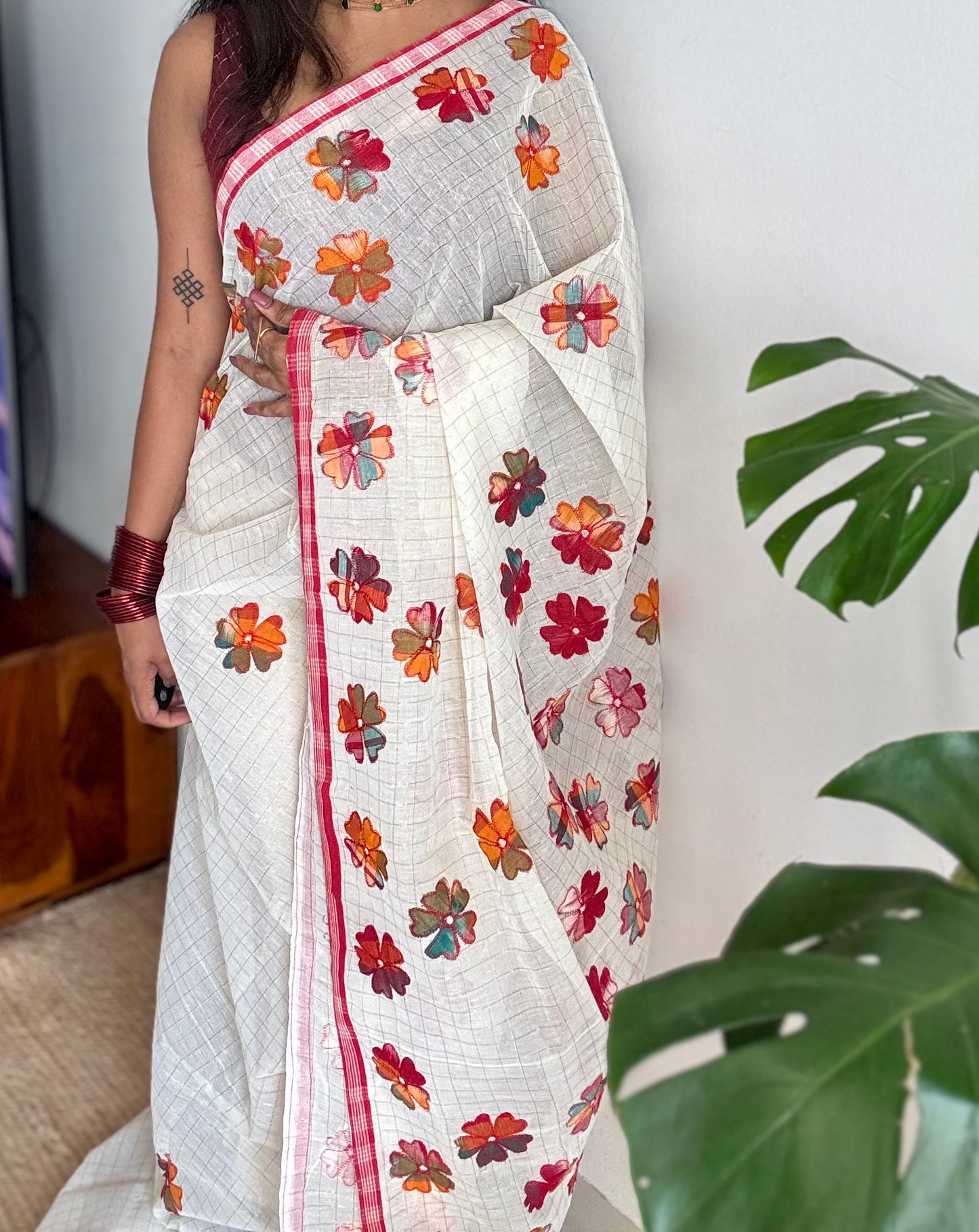 Ivory soft kota saree, with applique floral work - YCIEON88