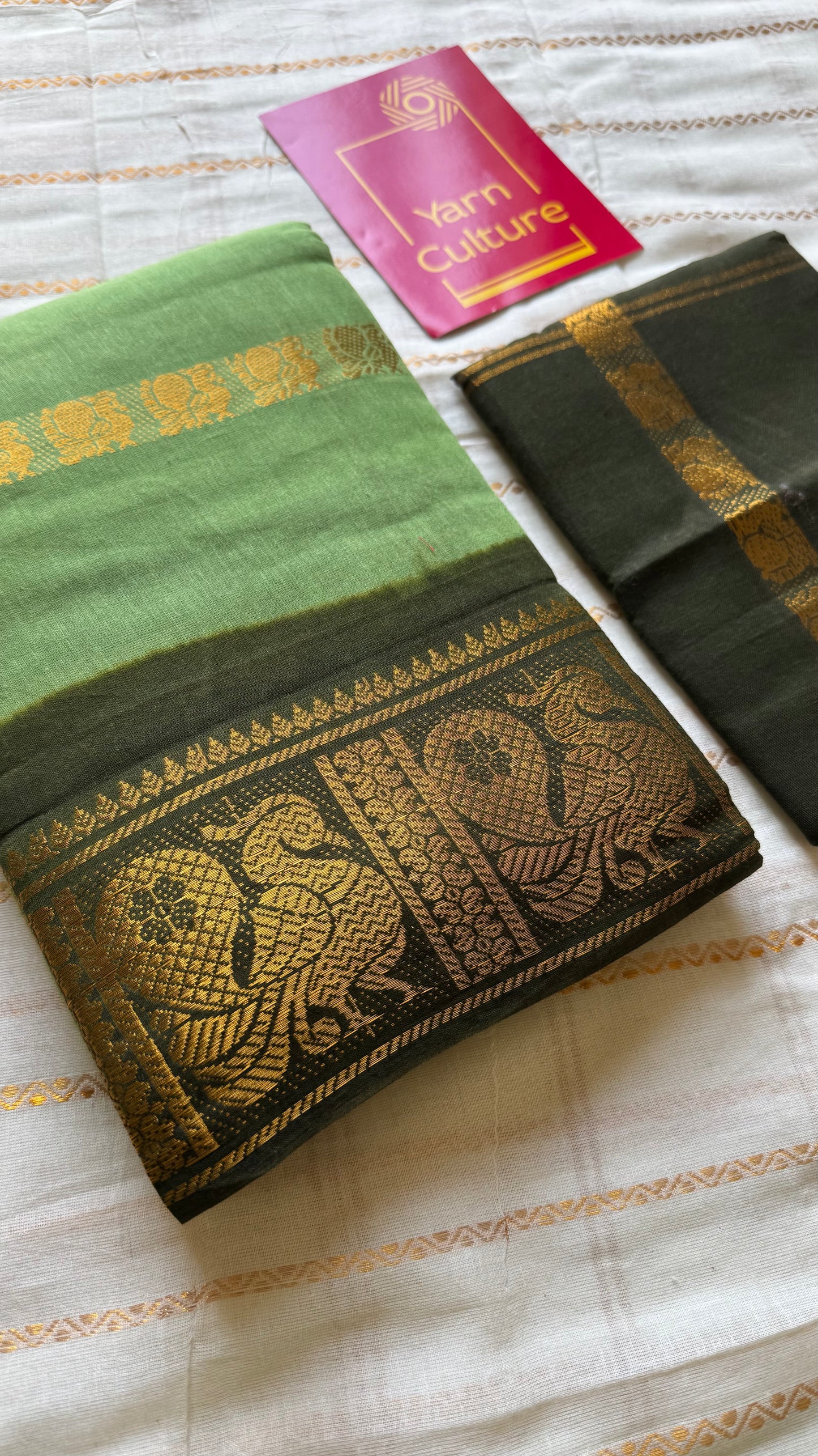 Light pista green with dark green, multi peacock motif lines, kattuchayam dyed sungudi cotton - YCCOTNJUCC13