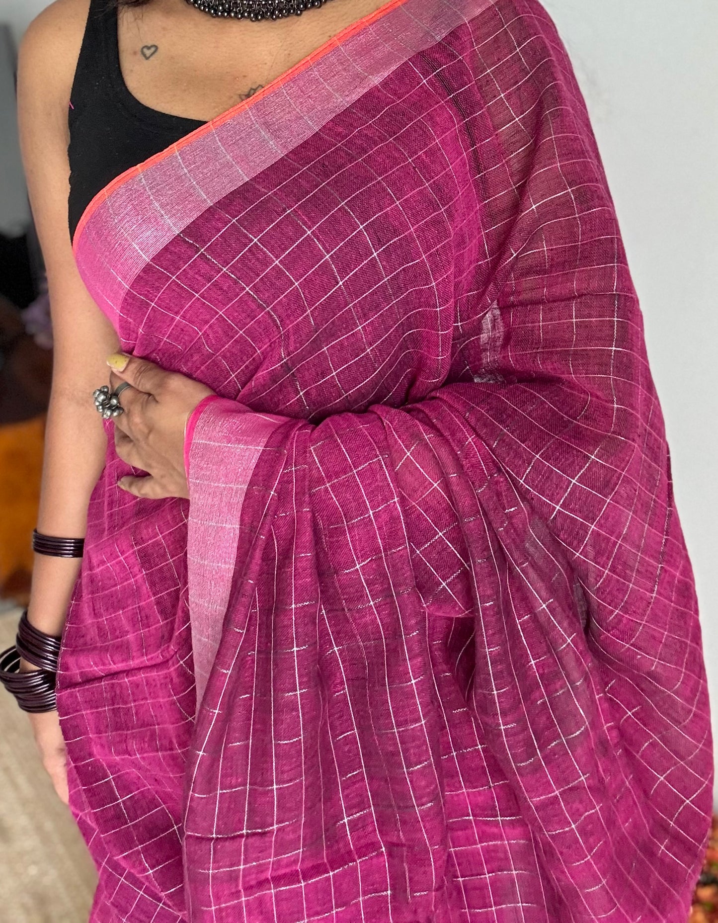 Ruby linen by cotton saree, silver checks & zari pallu - YCBCLCFE387