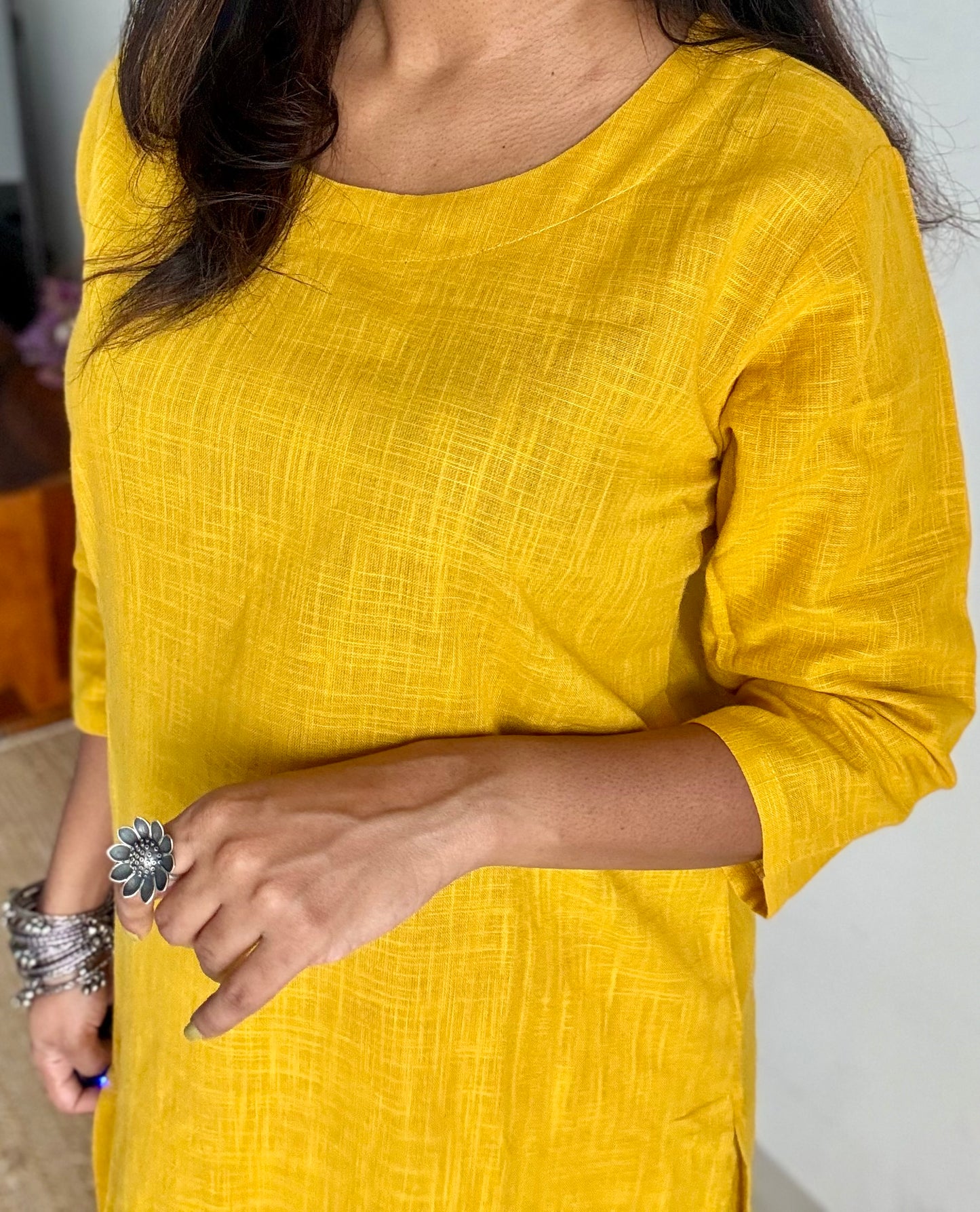 Yellow cotton round-neck stitched kurta co-ord set, three-fourth sleeves - YCSEBPSFE249