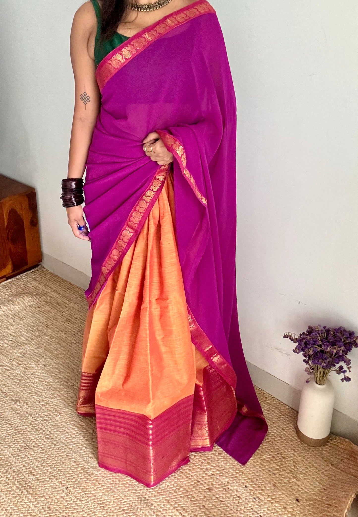 Orange - Magenta unstitched half saree material (dhavani), kanchi cotton - YCIEHS208