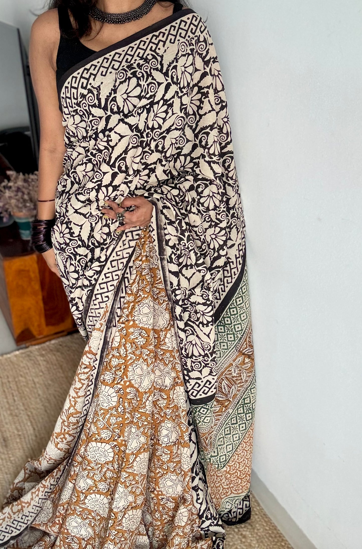 Raah - black and white to earthy brown, half half pattern, block print, soft cotton - YCWOTDNOBP93