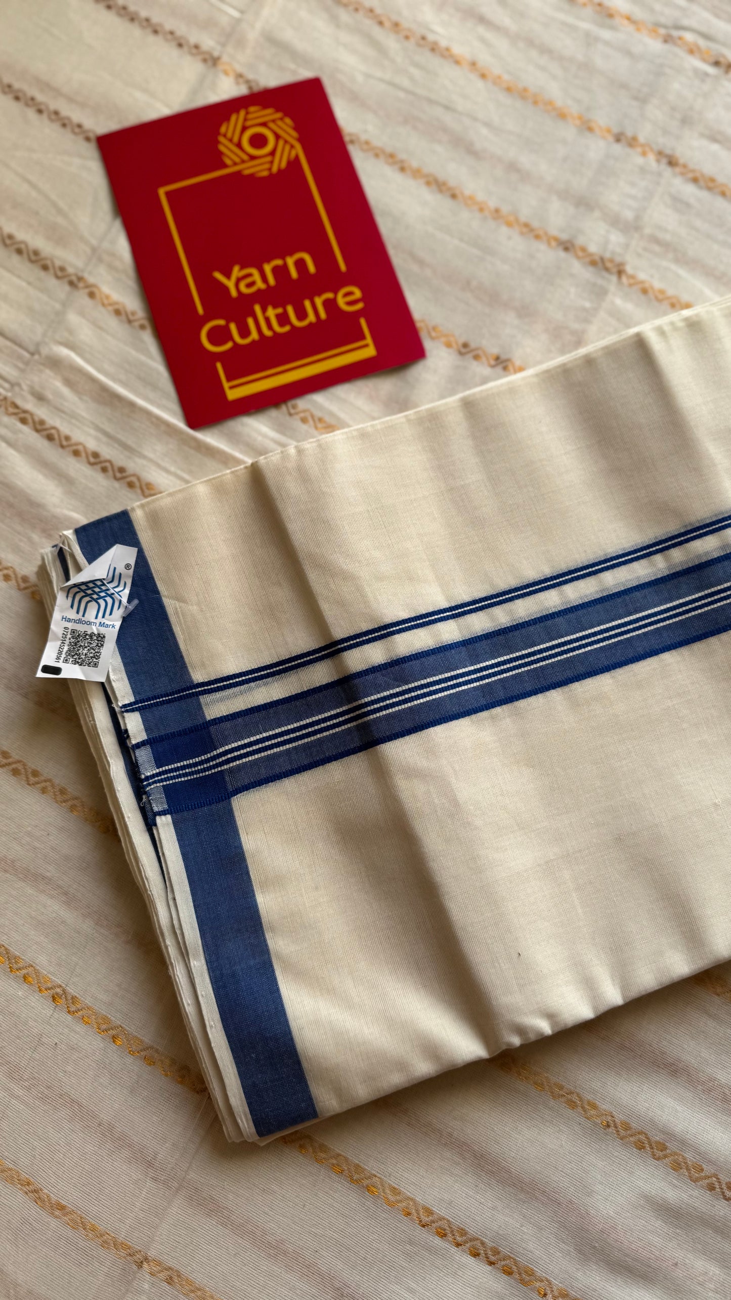 Ivory Chendamangalam Handloom Double Mundu with Blue Kara | Soft Cotton Men's Dhoti - YCMSEIE172