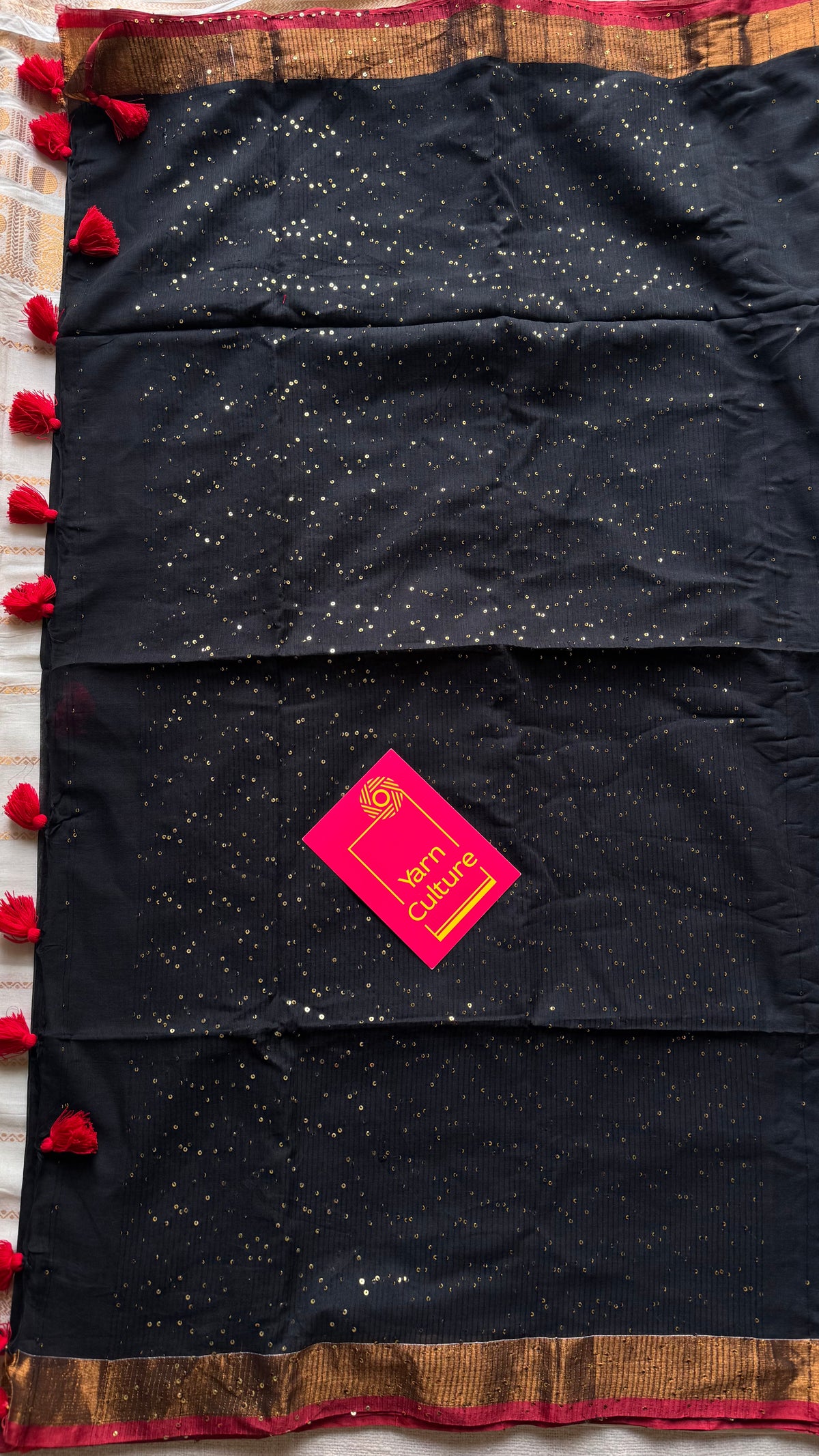 Black mul cotton saree with sequins and zari border - YCBCMCSE29