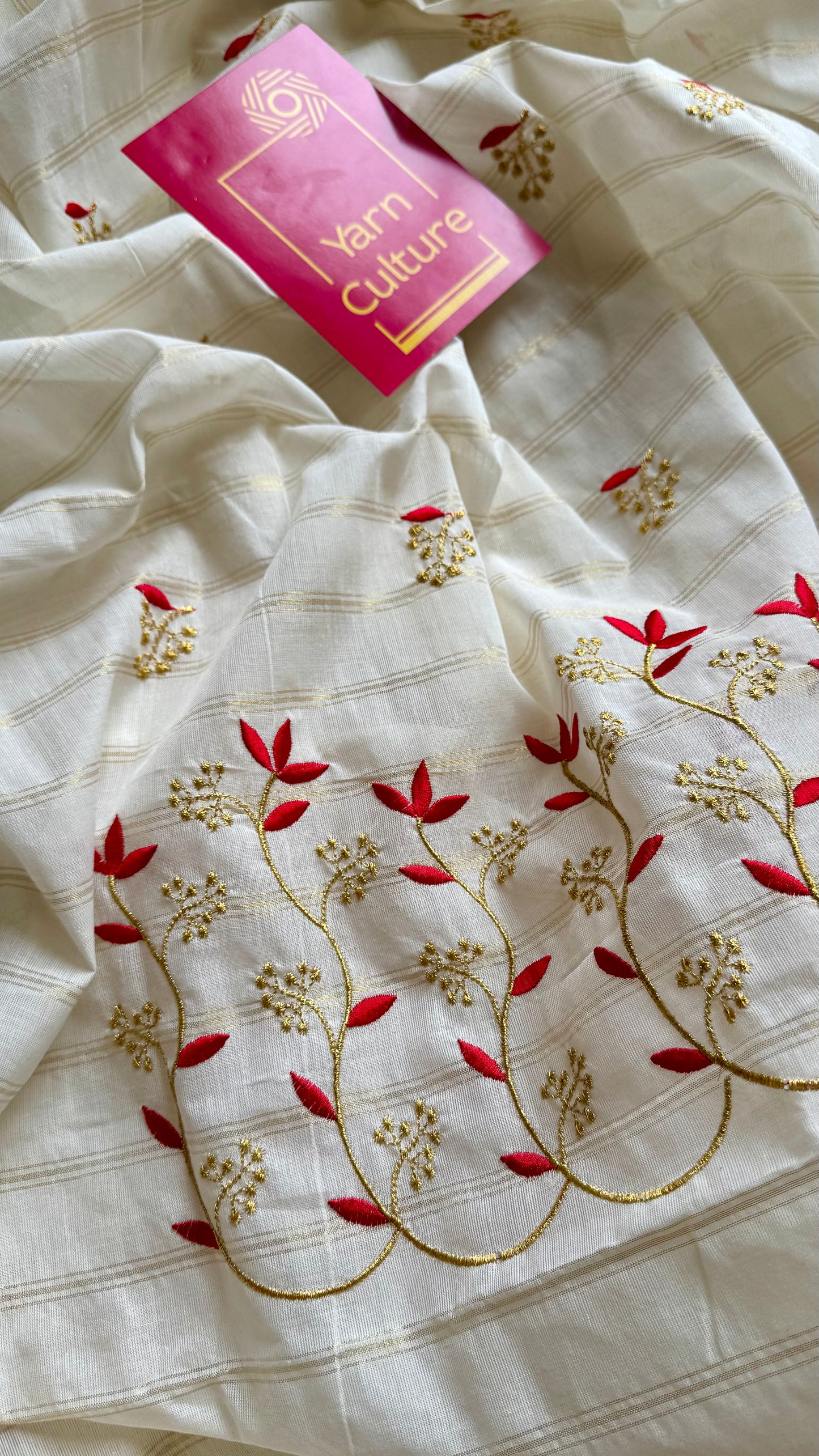 Ivory and gold soft cotton saree, red floral vine embroidery - YCIEON60
