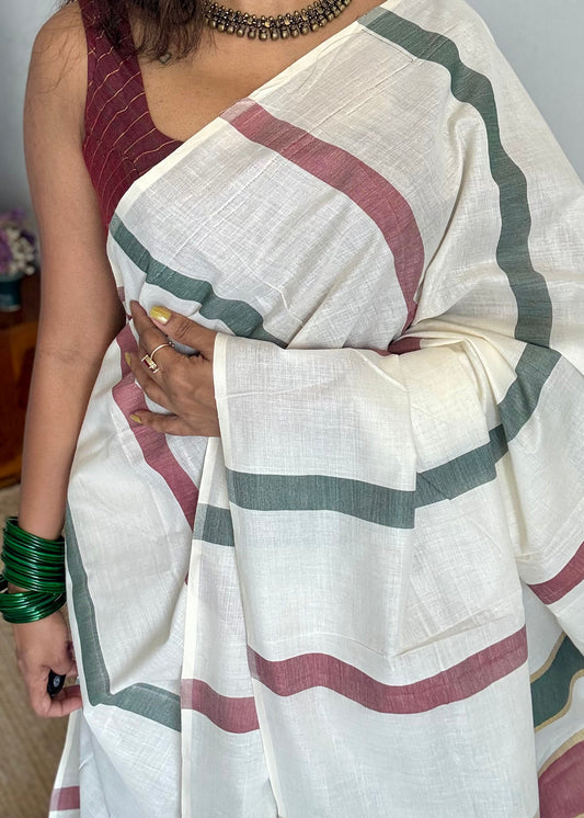 Ivory Kerala cotton saree with maroon and green stripes - YCIEKCFE307