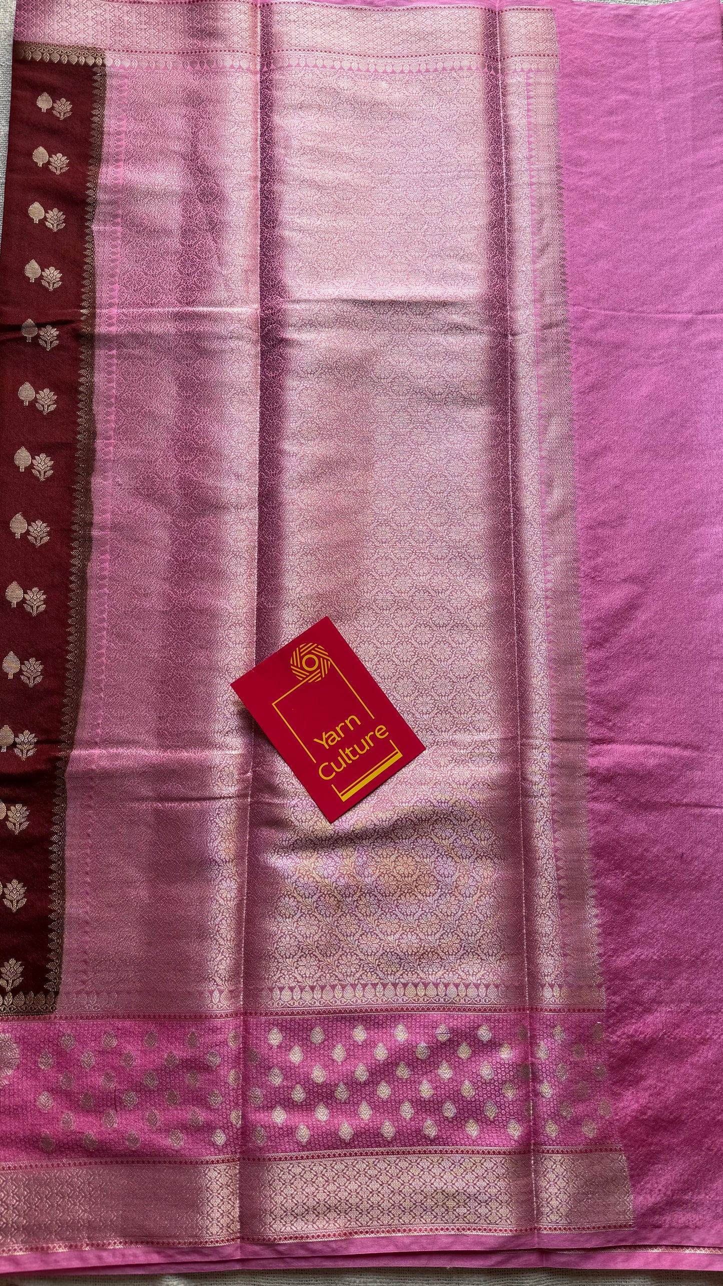 Coffee brown with pink border, semi dupion silk - YCBLSSJA23