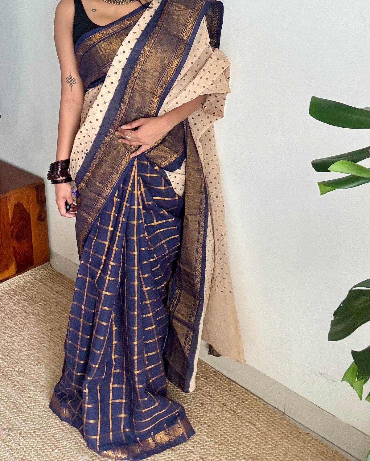 Cream with dark blue, sungudi cotton half-half saree - YCCOTNIDOC17