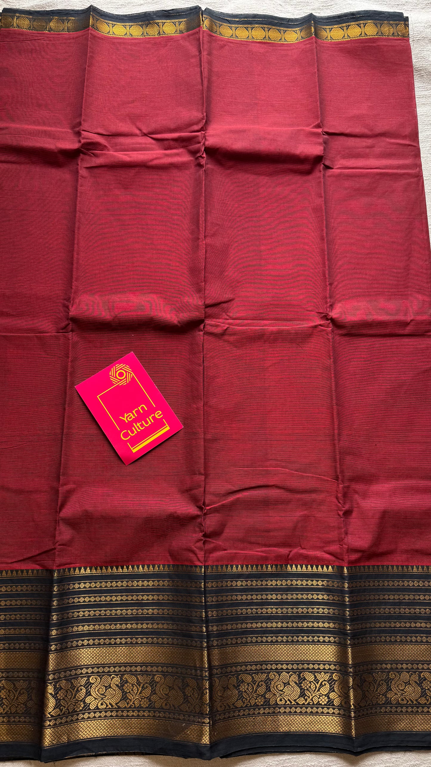 Kanchi cotton saree, dark red with black wide zari border - YCCOTNAP91