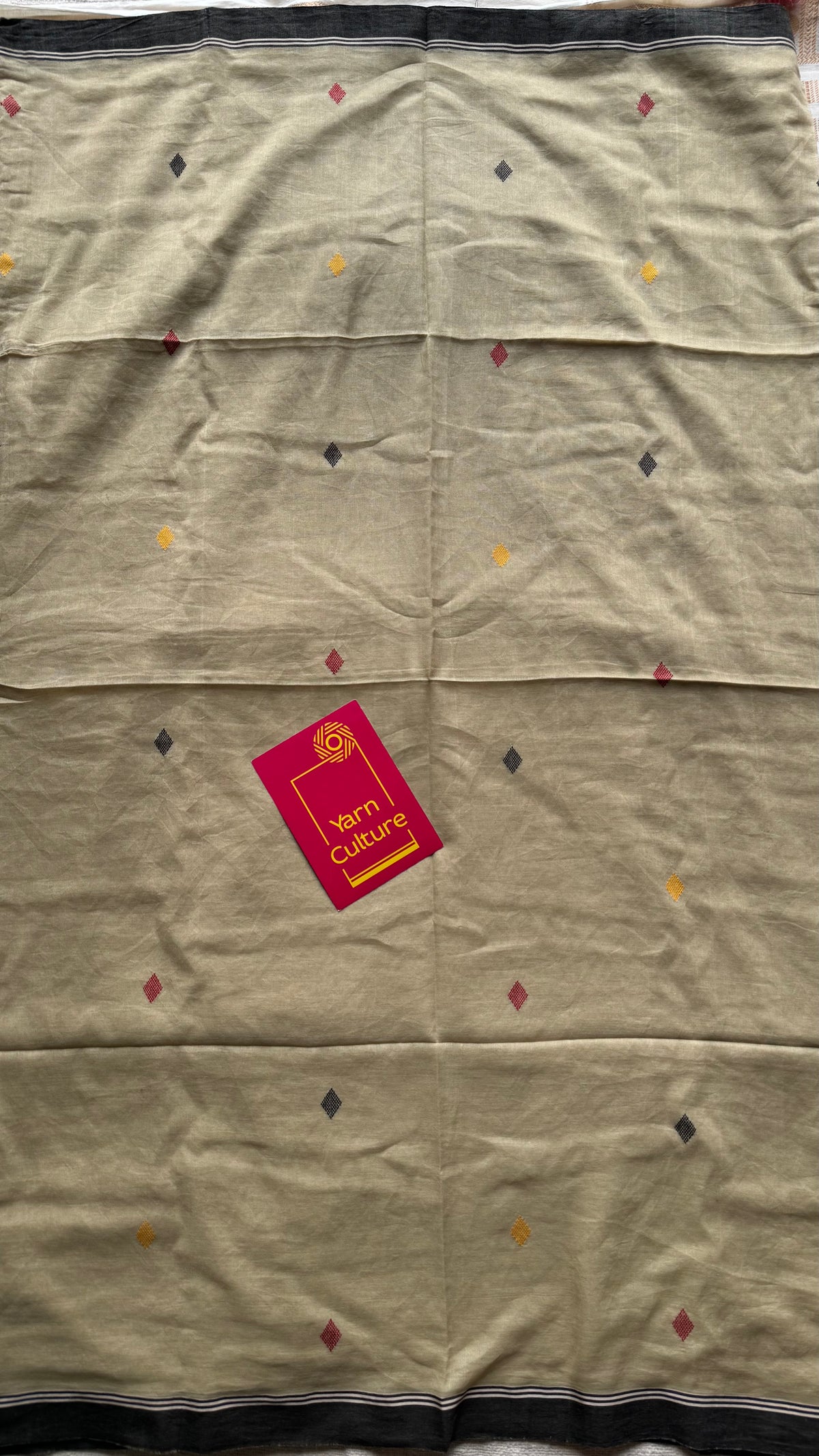 Handloom Bengal soft cotton saree, beige with woven buttas and black borders - YCBCMCSE39