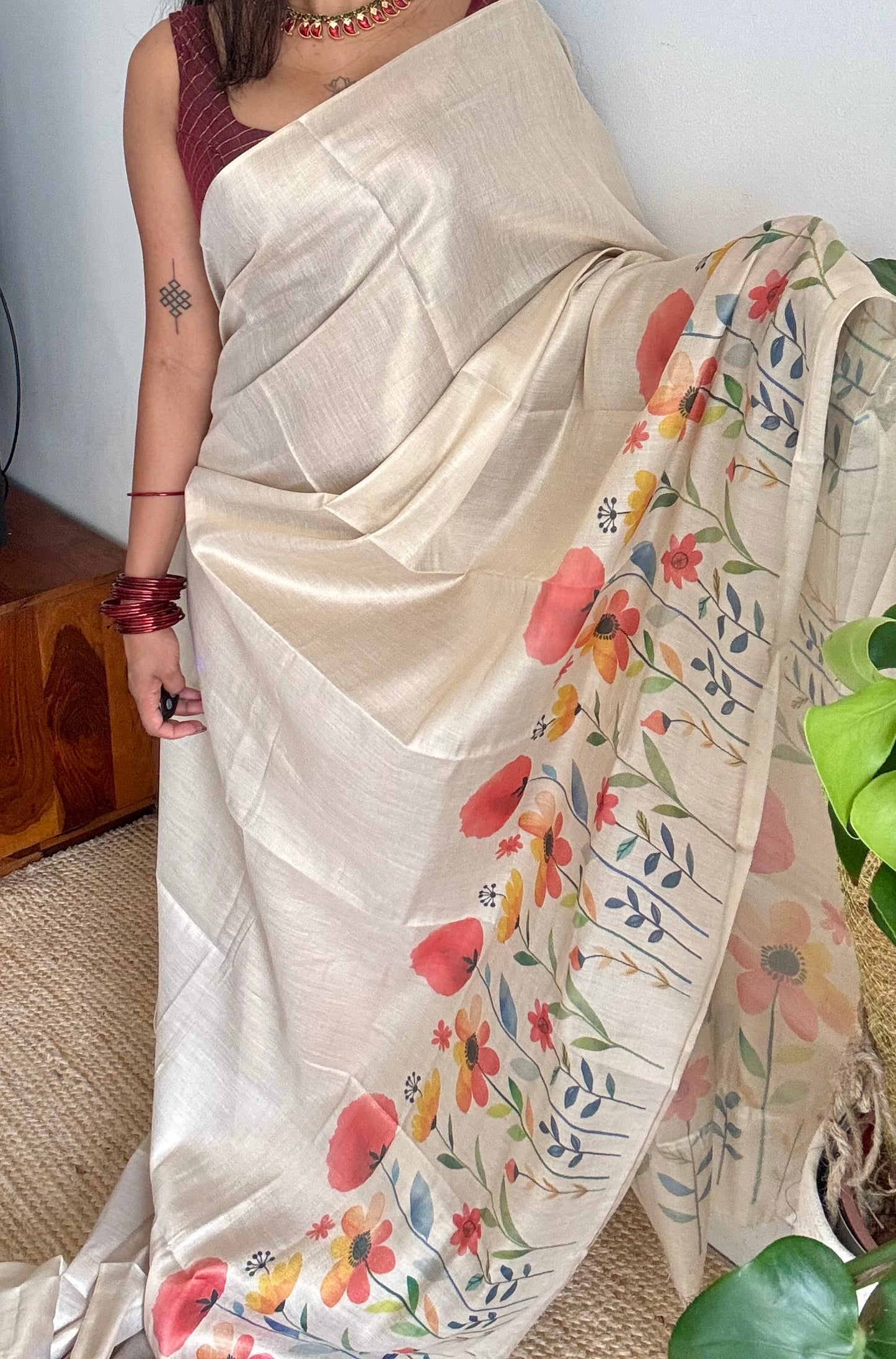 Sandal soft semi tissue saree, multicoloured floral prints - YCIEON82