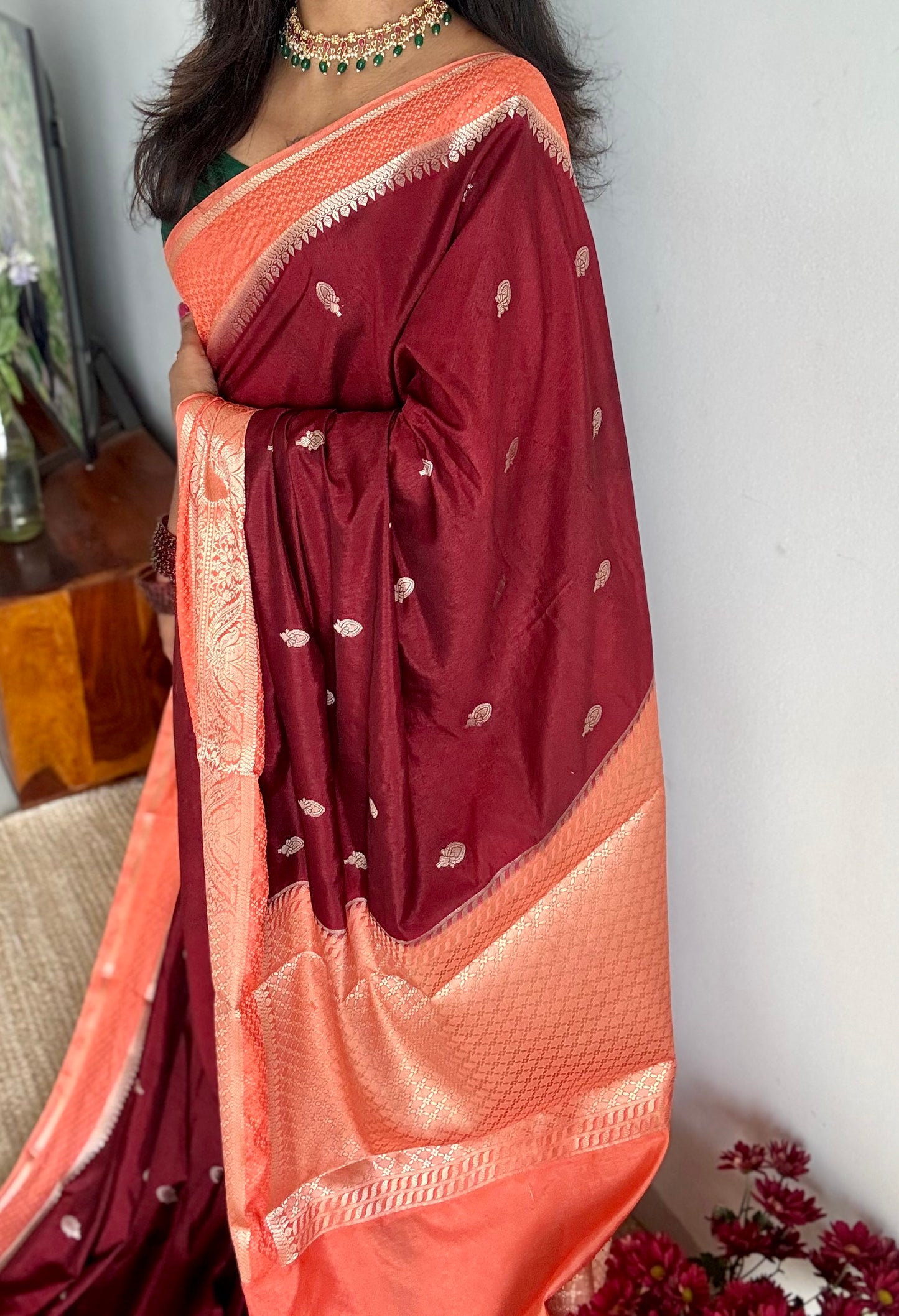 Maroon with peach border, Banarasi semi-silk - YCDESE02