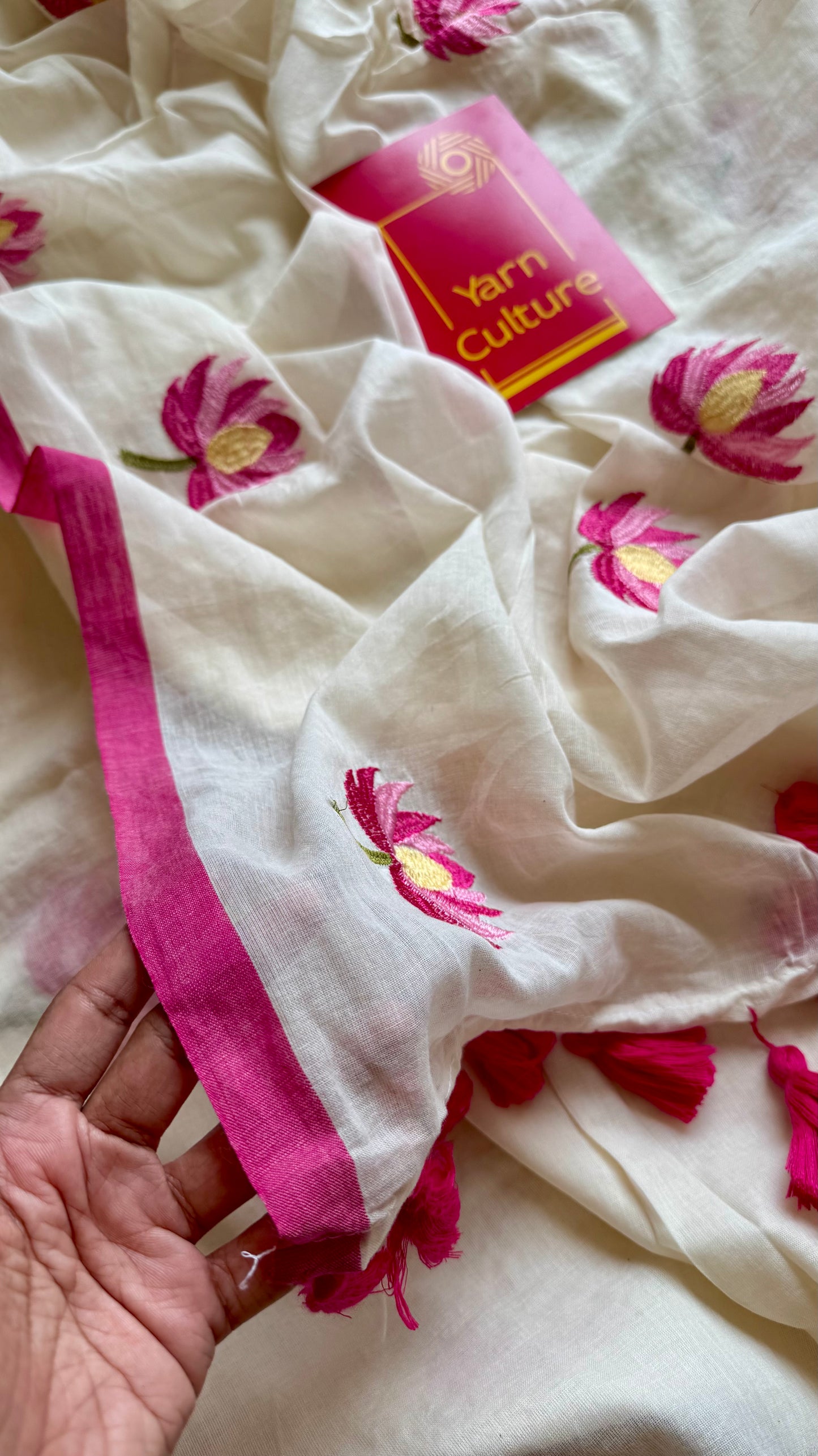 Ivory mul saree, with pink lotus embroidery - YCIEON03