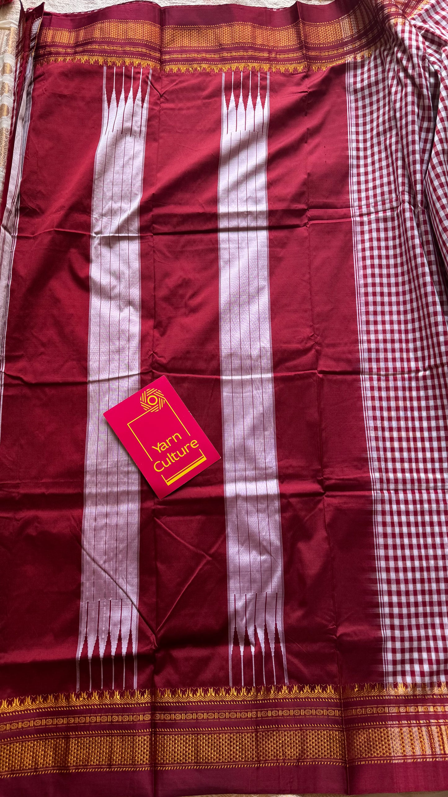llkal maroon and white checks with chikki paras border, soft cotton with art silk blend - YCLOKICAP230