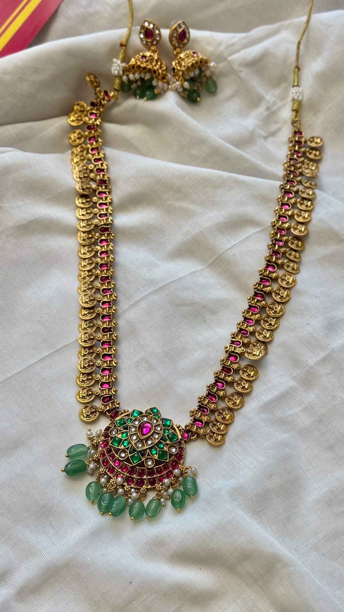 Long haram ruby, green stones and beads, coin pendants, with earrings - YCGPNP682