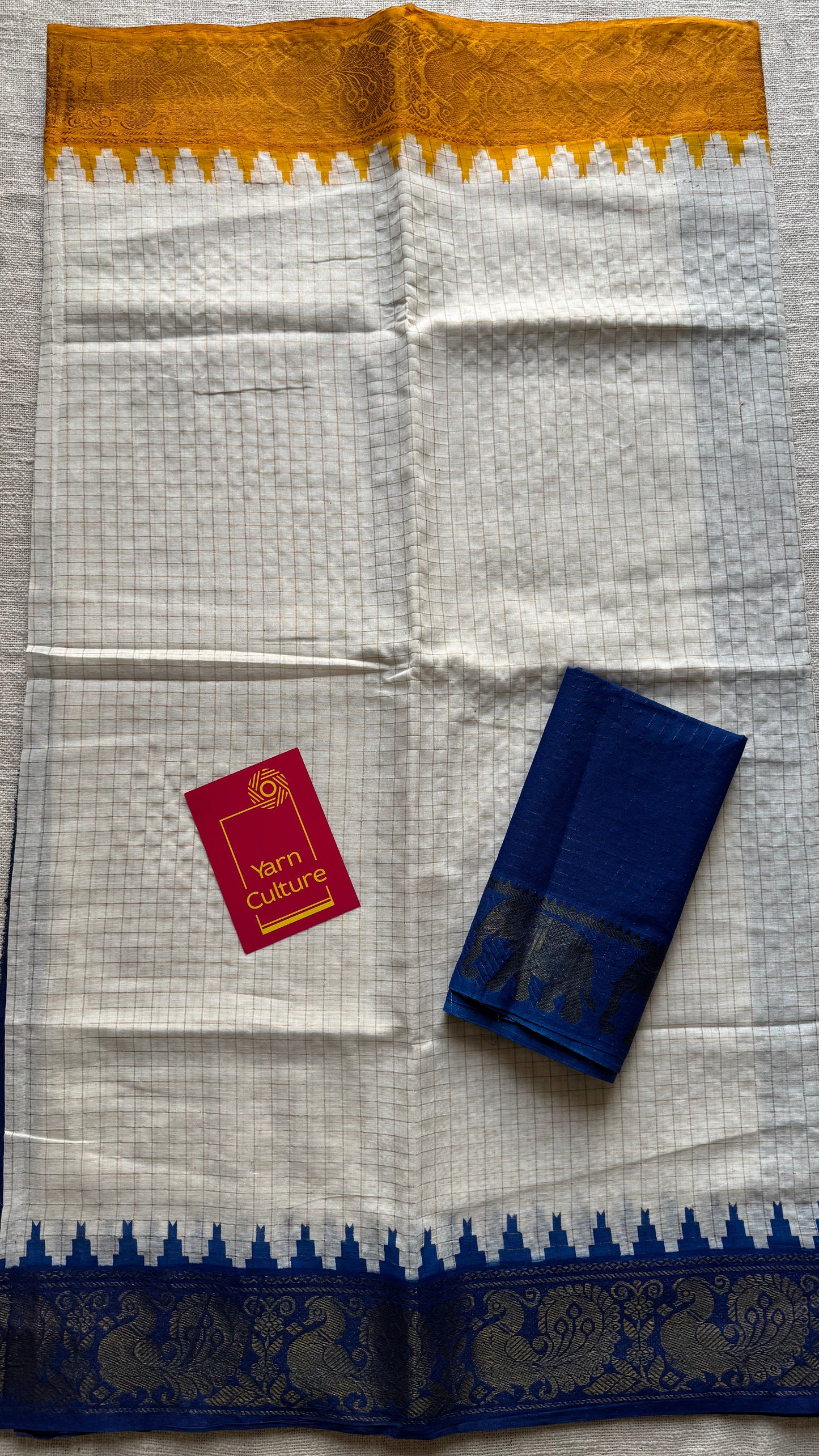 Sungudi cotton checks, ivory gold base, yellow and blue border, soft cotton - YCCOTNGJJA166