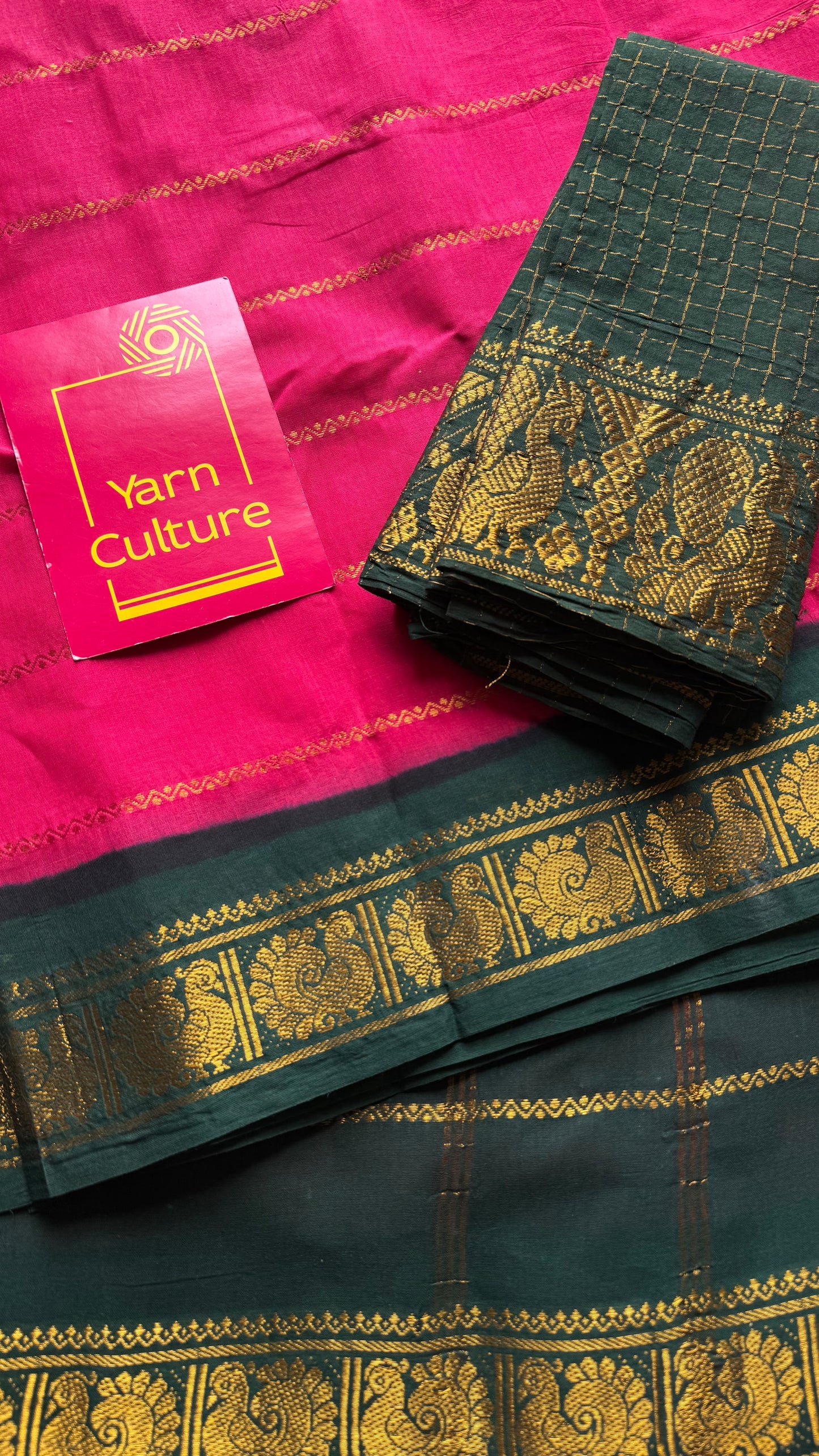 Hot pink with dark green veldhaari, kattuchayam dyed, madurai cotton - YCCOTNSEMS94