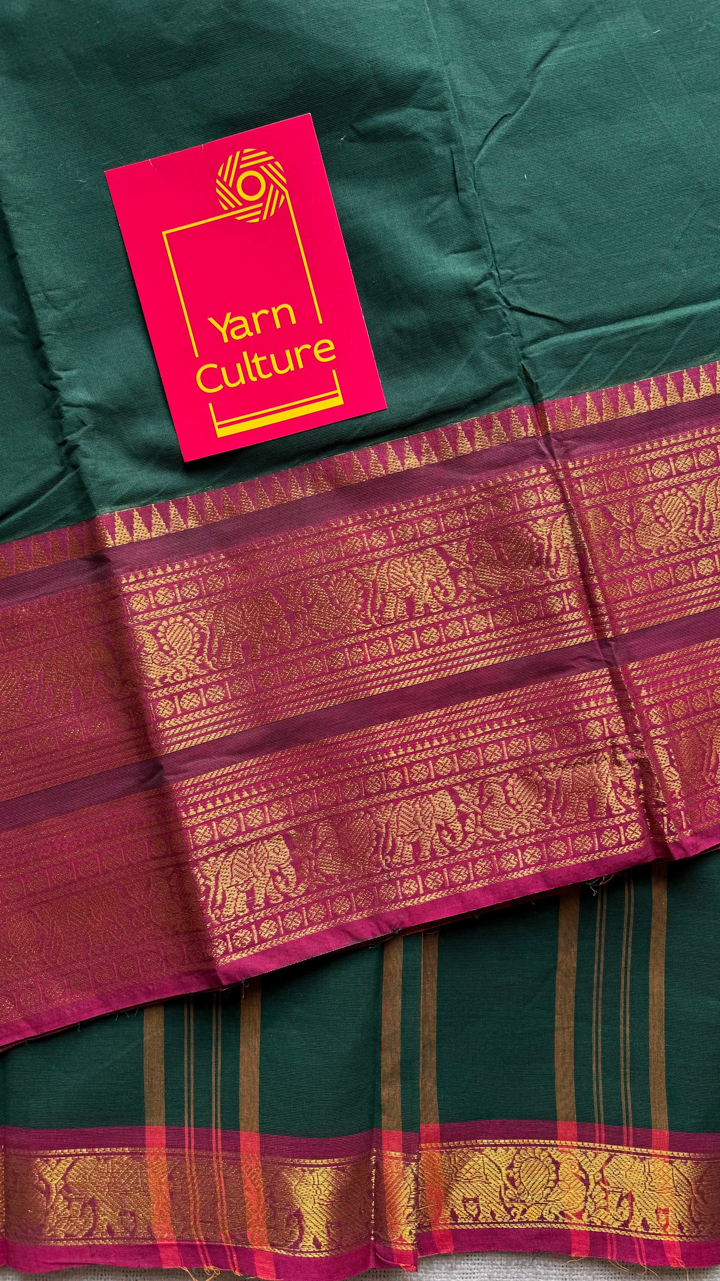 Dark green with magenta wide zari border, kanchi cotton - YCCOTNKCJA216