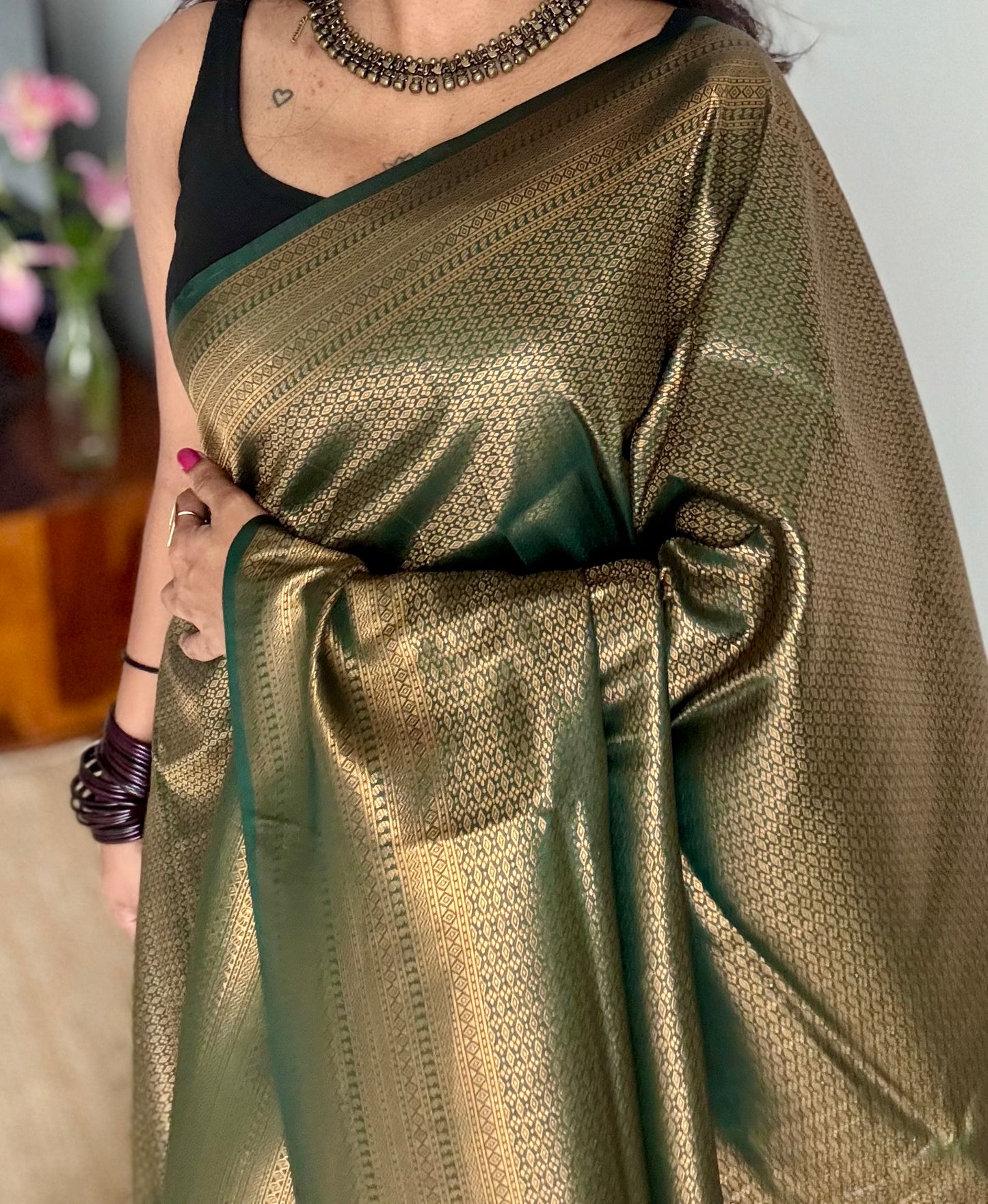 Dark green, antique gold zari, semi -silk - YCDOSOCSS04