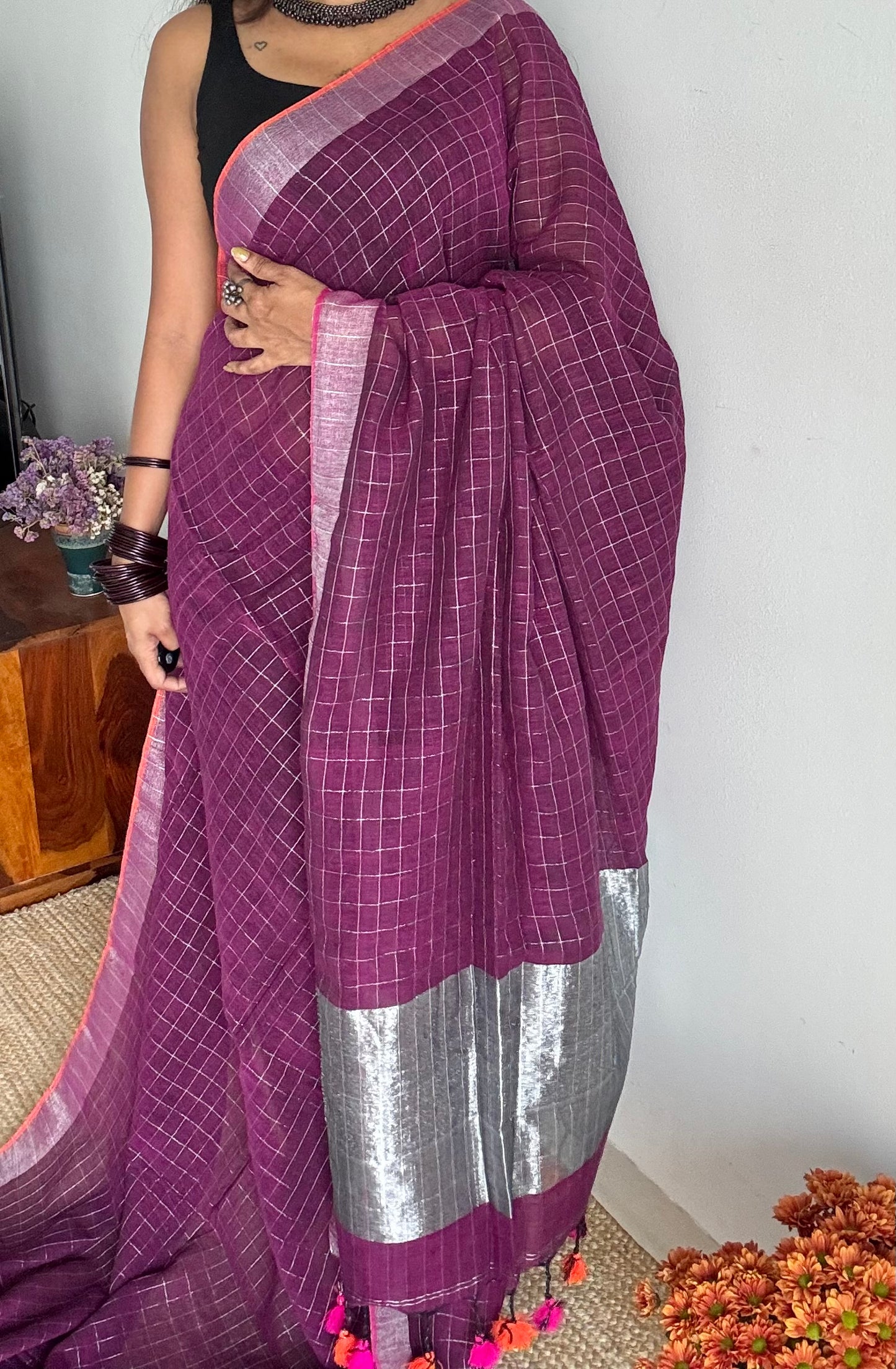 Wine linen by cotton saree, silver checks & zari pallu - YCBCLCFE391