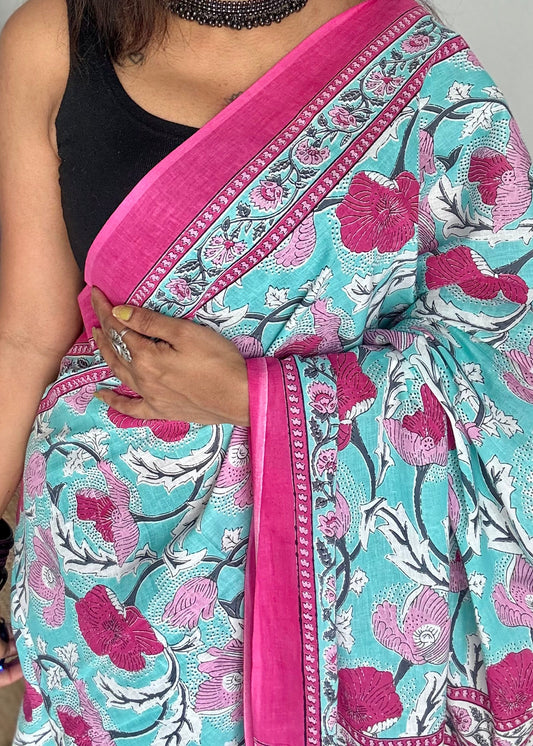 Turquoise floral soft cotton saree - YCTORCMA08