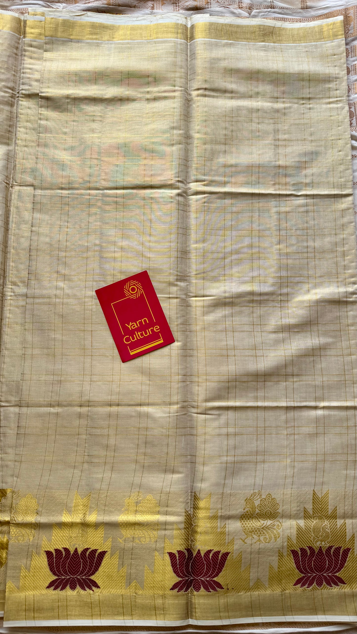Ivory and gold kerala kasavu saree, maroon lotus motif border - YCIEON48