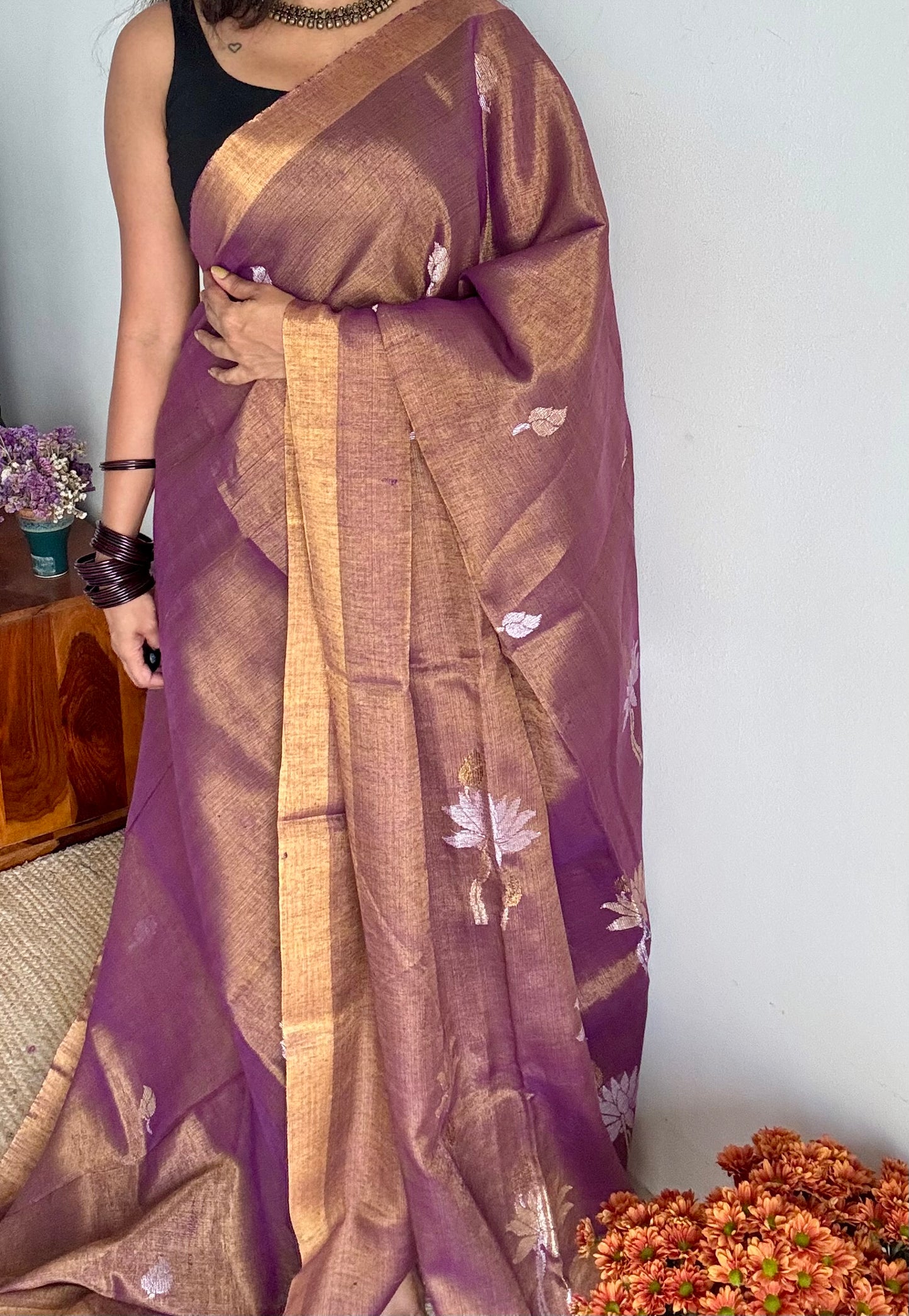 Handwoven purple gold dual tone tissue linen saree with lotus motifs - YCBCLTFE401
