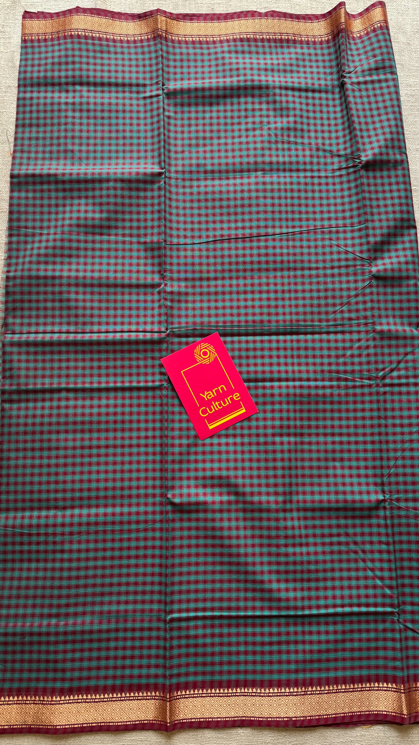 Blue Chettinad cotton saree with maroon checks - YCCOTNCCFE145