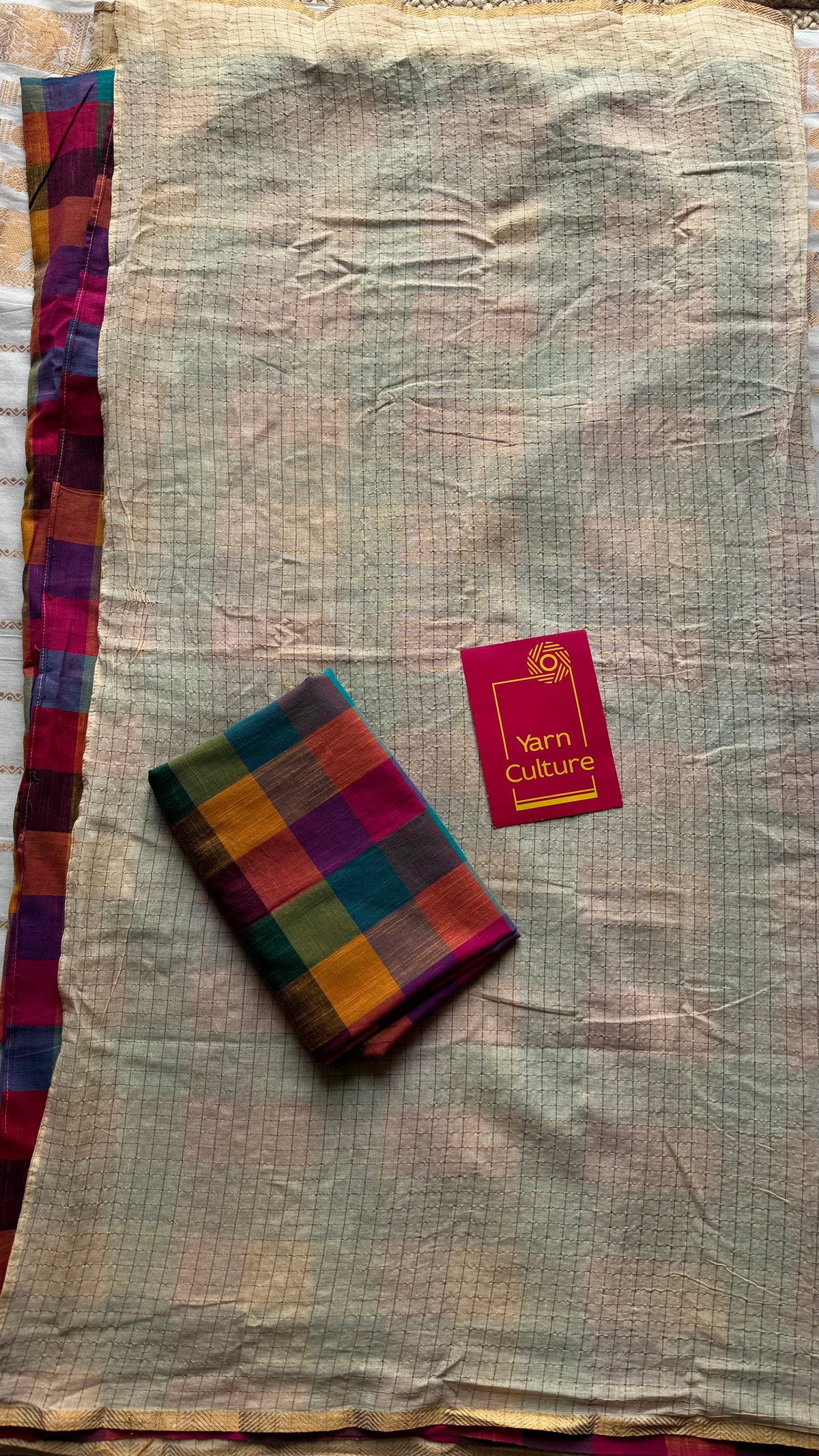 Ivory with multicoloured madras checks, cotton half and half saree - YCCOTNIDOC162