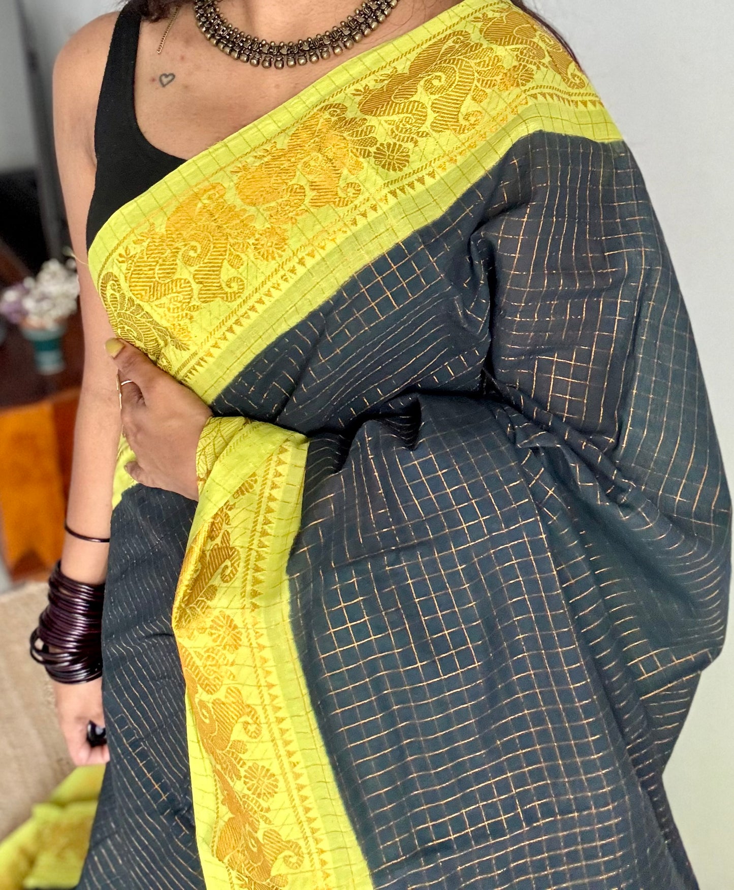 Black with lime green checkered sungudi, madurai cotton - YCCOTNSUDE44