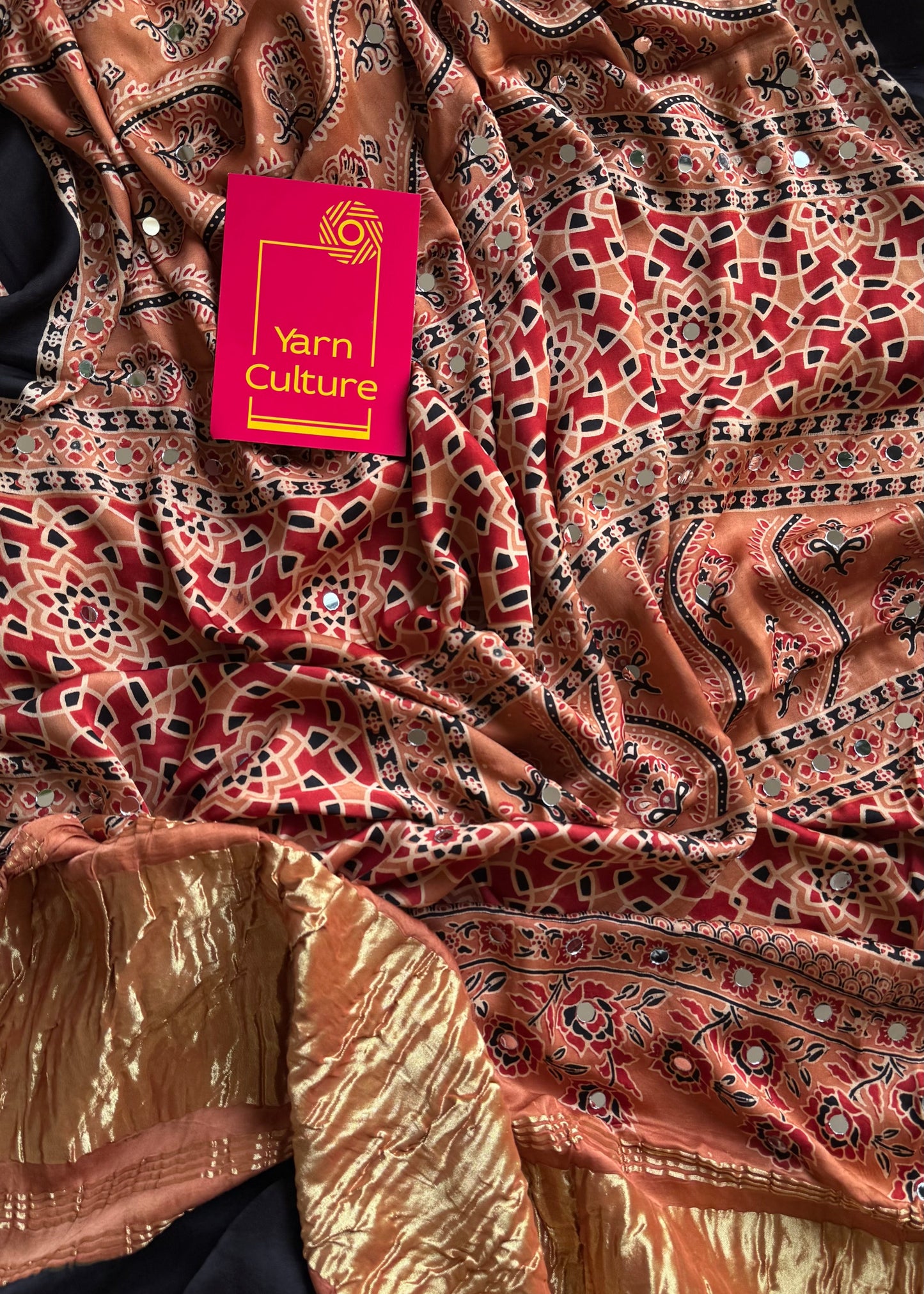 Light clay brown pure modal silk saree with ajrakh handblock print and mirror work, gold zari pallu - YCTOKAJM341