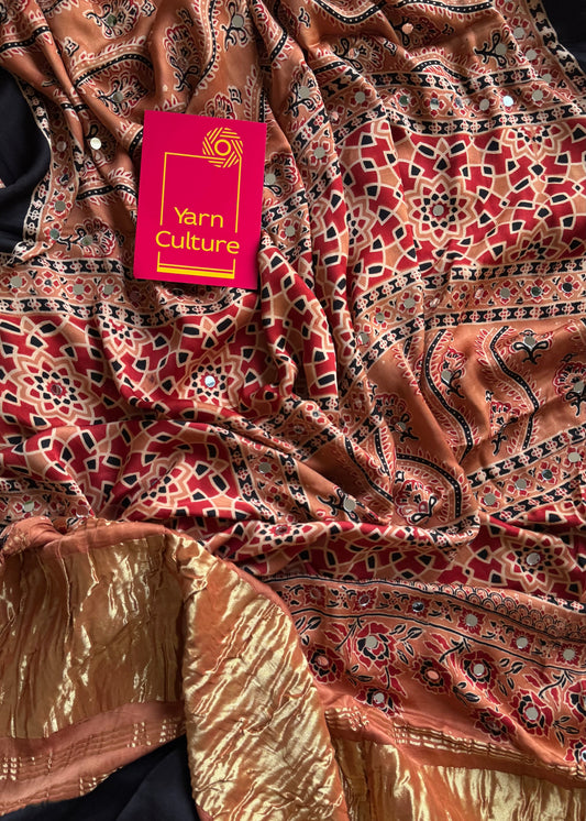Light clay brown pure modal silk saree with ajrakh handblock print and mirror work, gold zari pallu - YCTOKAJM341