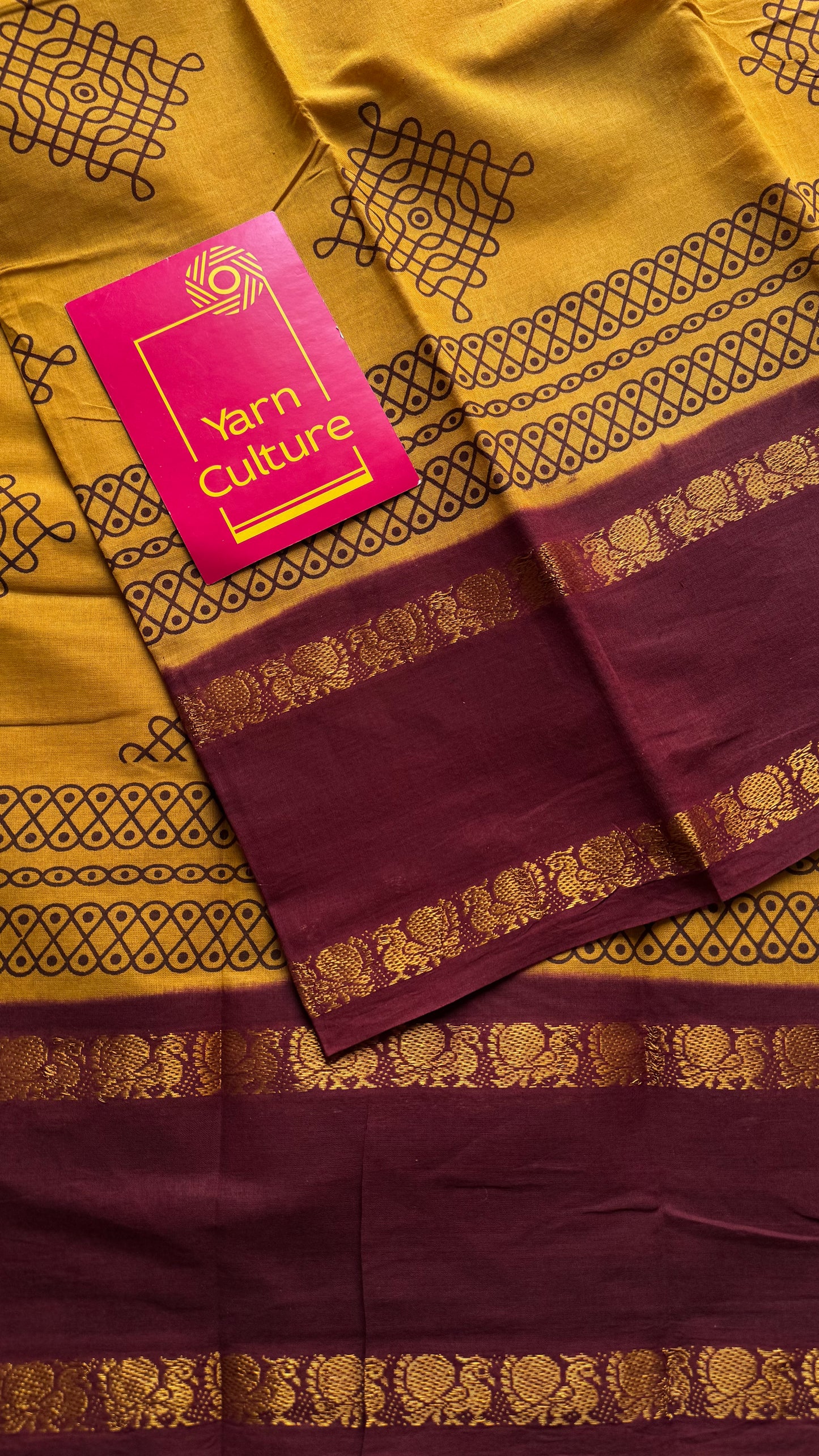 Turmeric yellow with maroon, kolam print, rettaipettu peacock double border, madurai soft cotton - YCCOTNMSAP202