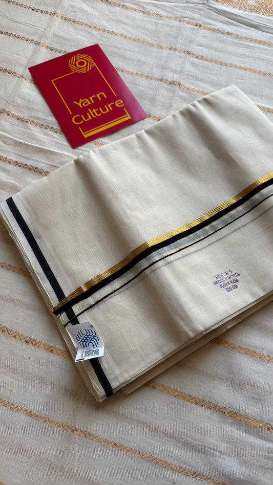 Ivory Chendamangalam Handloom Double Mundu with Black & Gold Kasavu Kara | Soft Cotton Men's Dhoti - YCMSEIE170