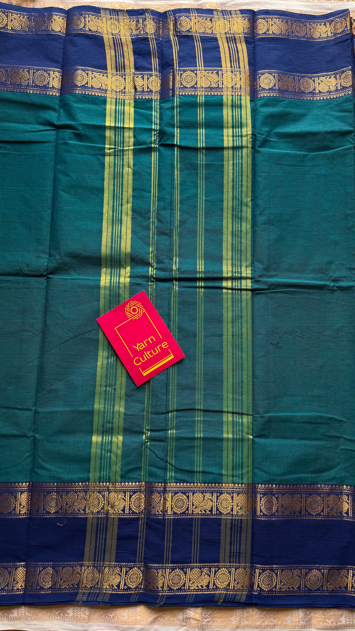 Peacock blue with blue rettaipet double zari border, kanchi cotton saree - YCCOTNCCOC112
