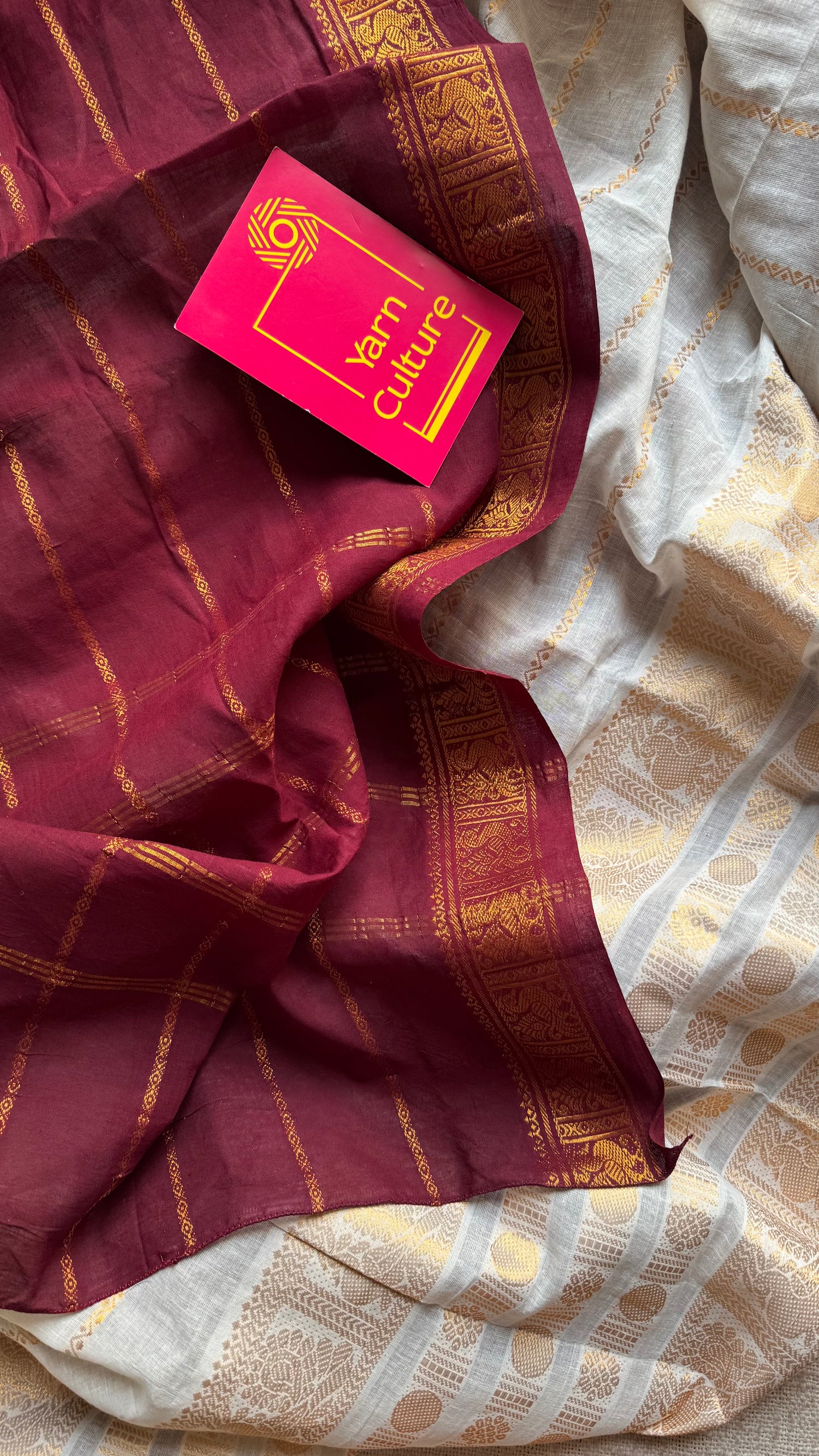 Maroon with cream, sungudi cotton half-half saree - YCCOTNMSFE355