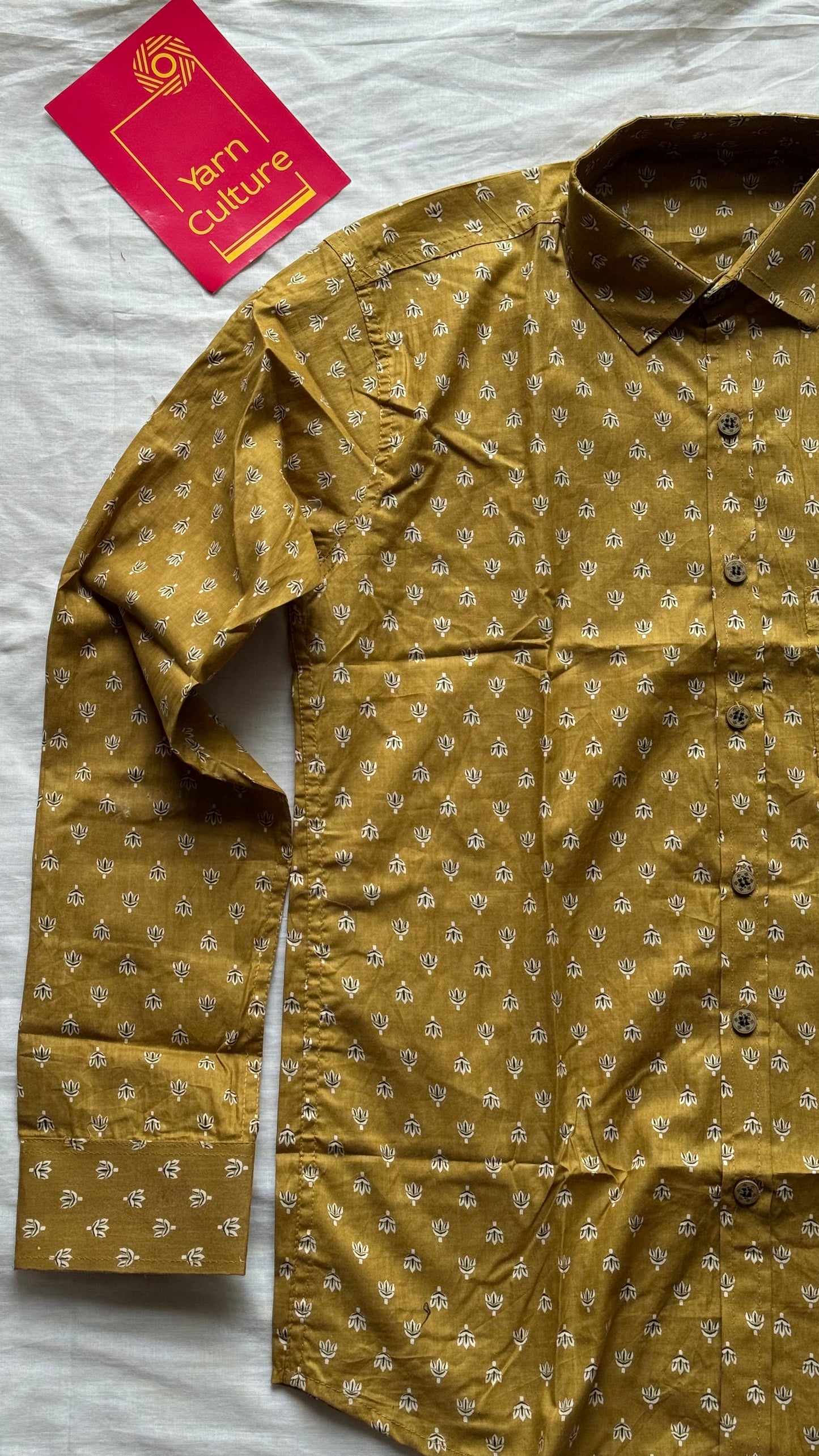 Mehendi Green Lotus Motif Block Printed Cotton Men's Full Sleeve Collared Shirt - YCMSEIE202