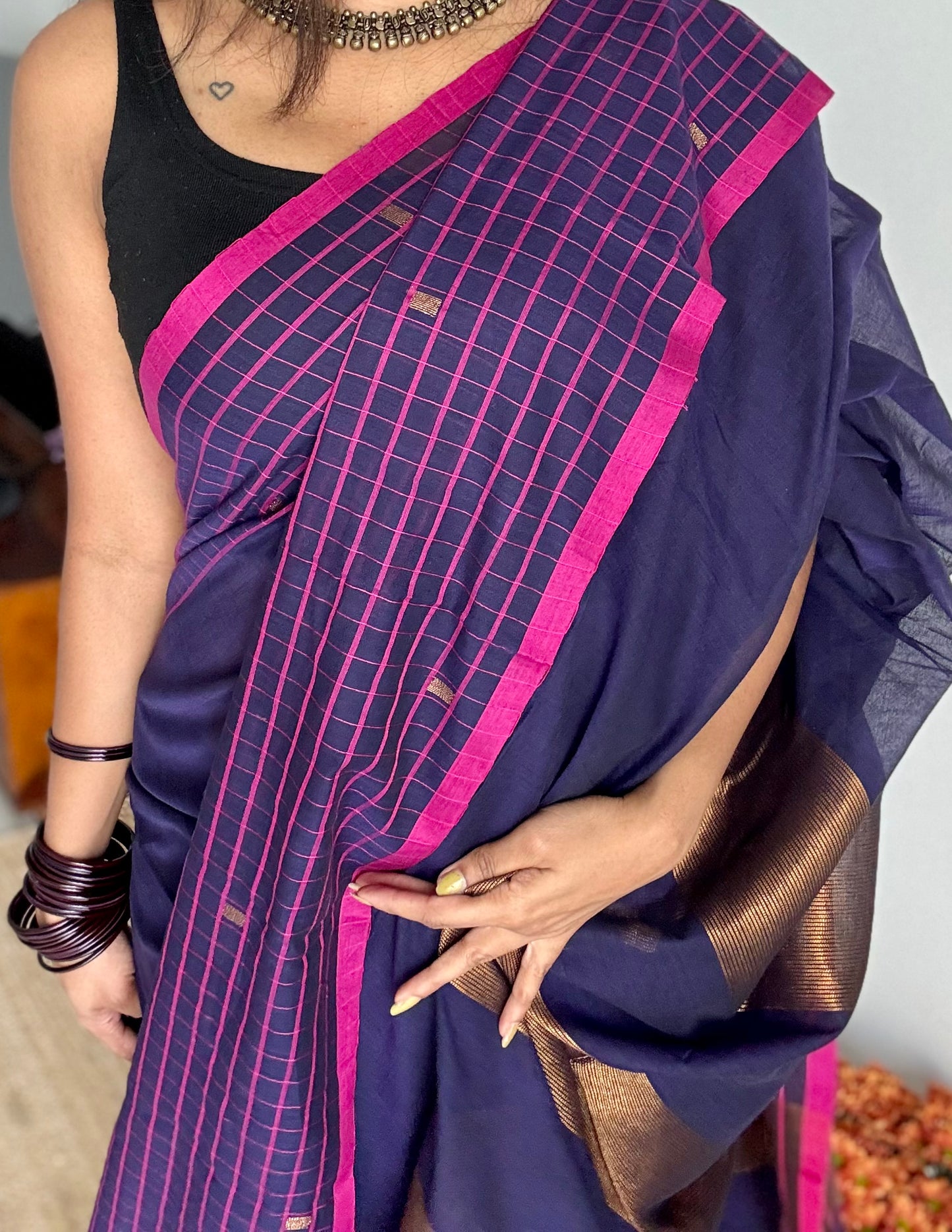 Navy handloom mul saree with hot pink checkered borders and antique gold buttas - YCBCMCFE386