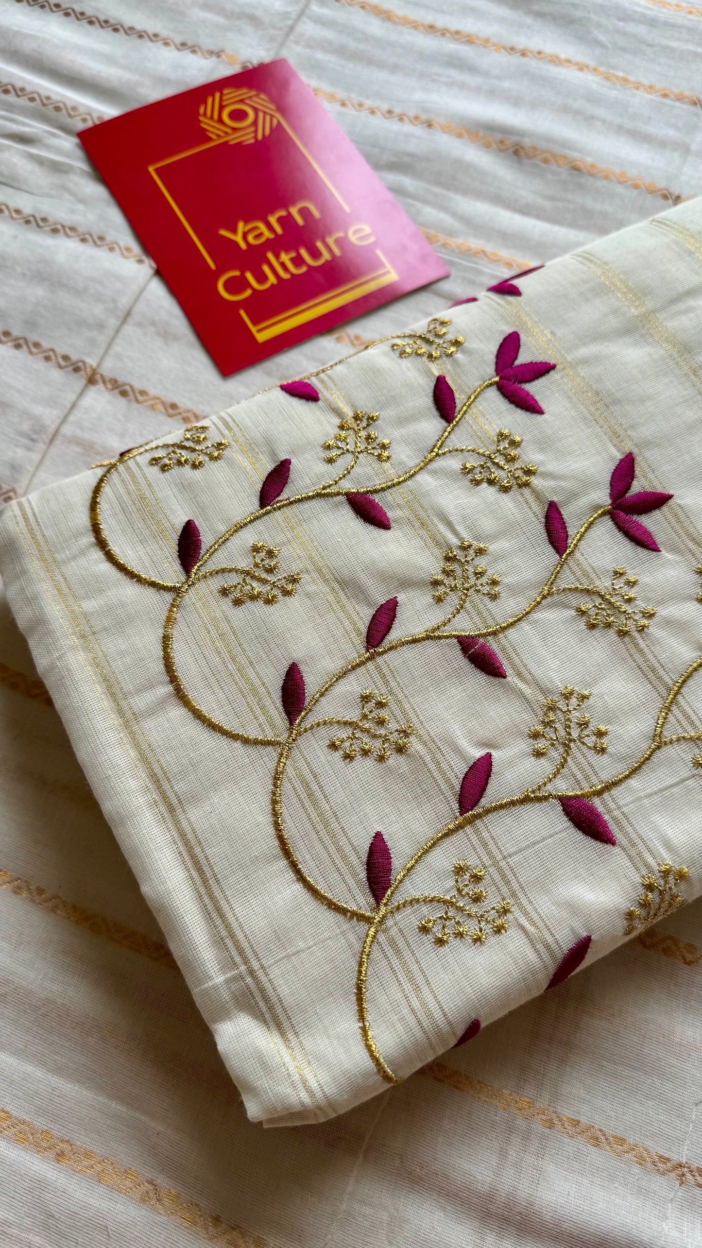 Ivory and gold soft cotton saree, purple pink floral vine embroidery  - YCIEON56