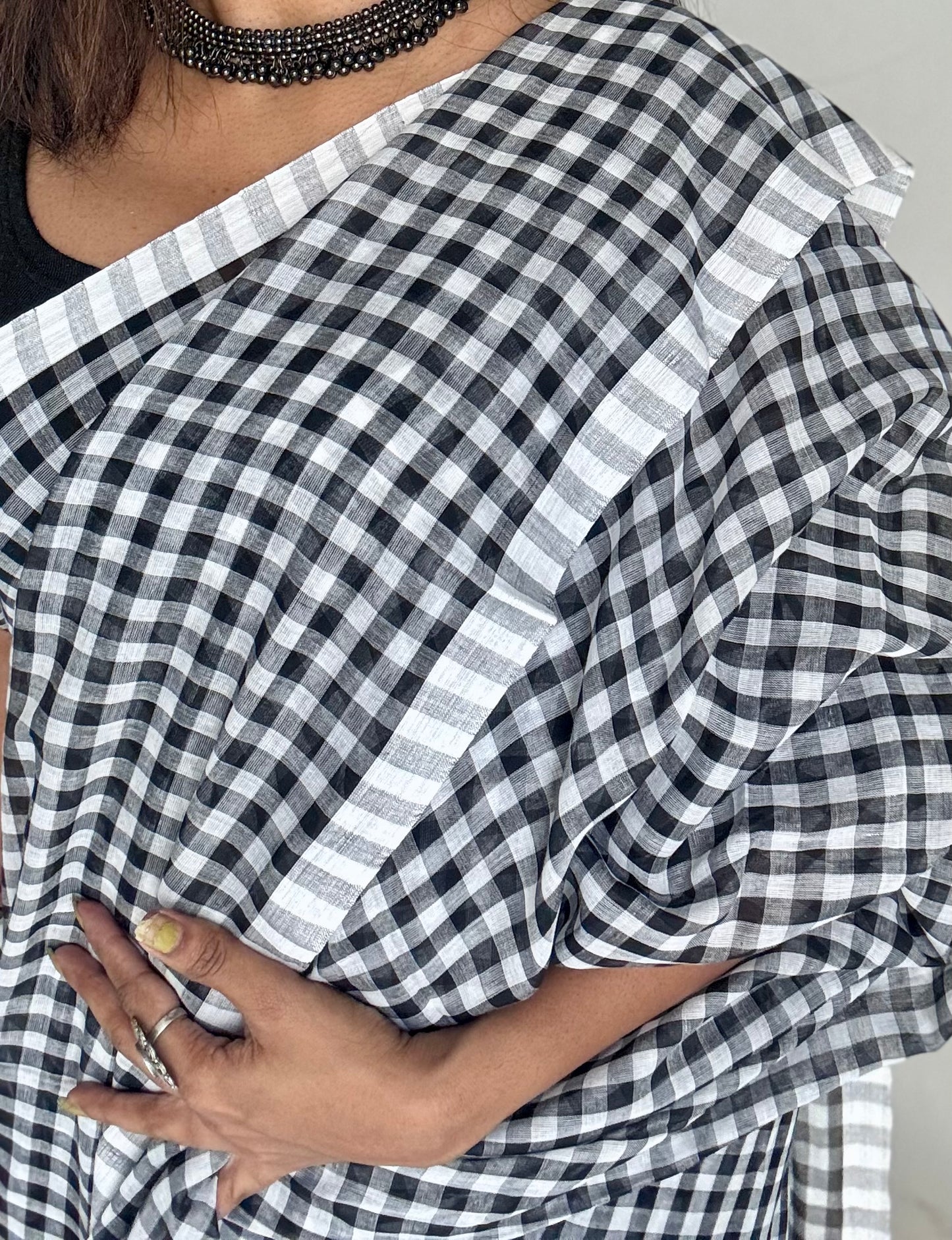 Black and white checkered mul cotton saree  - YCBCMCCMA29