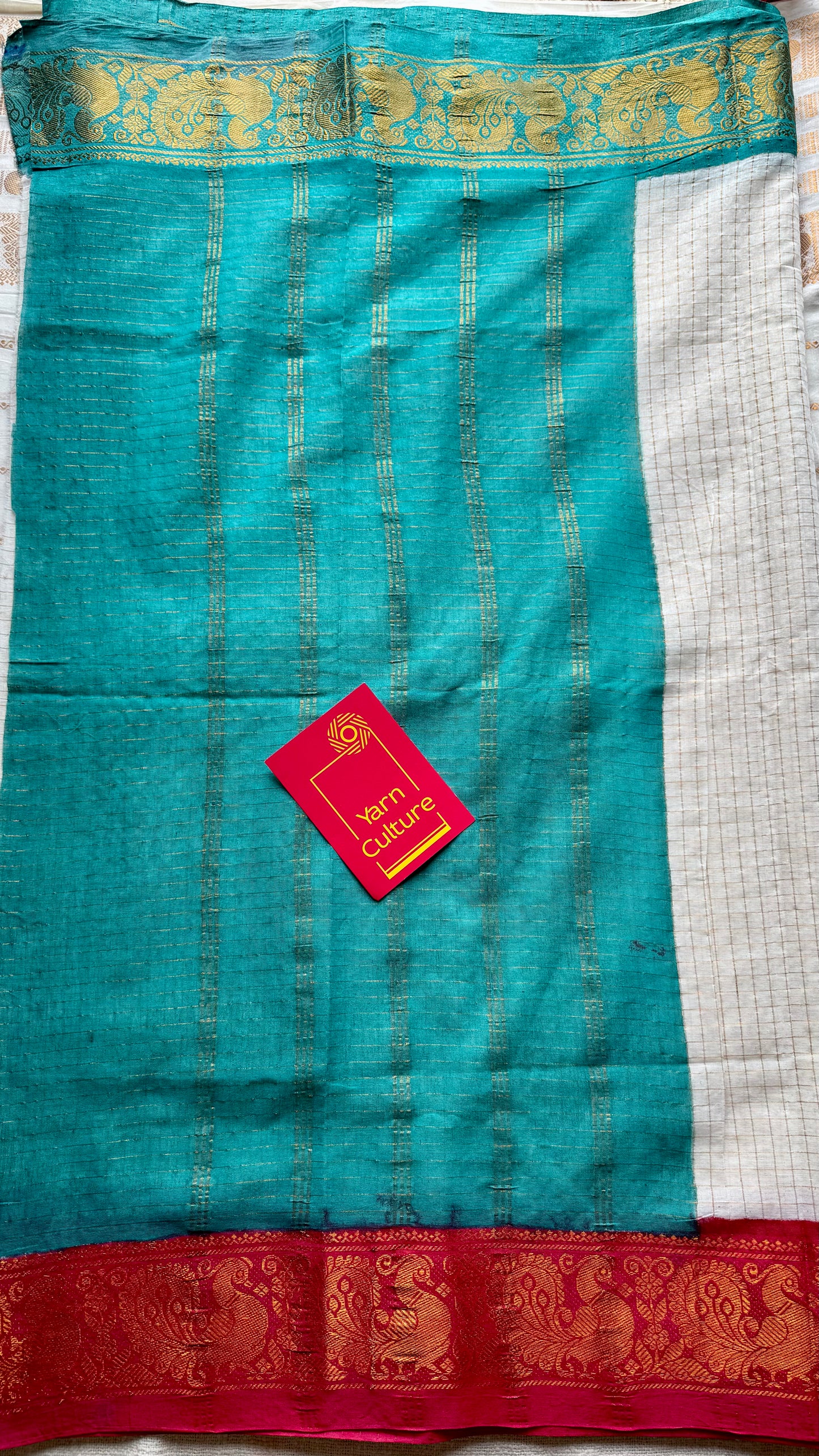 Karthika : Shalabham - Sungudi checks, ivory gold base, red and turquoise blue dual tone border, soft cotton - YCIEON163