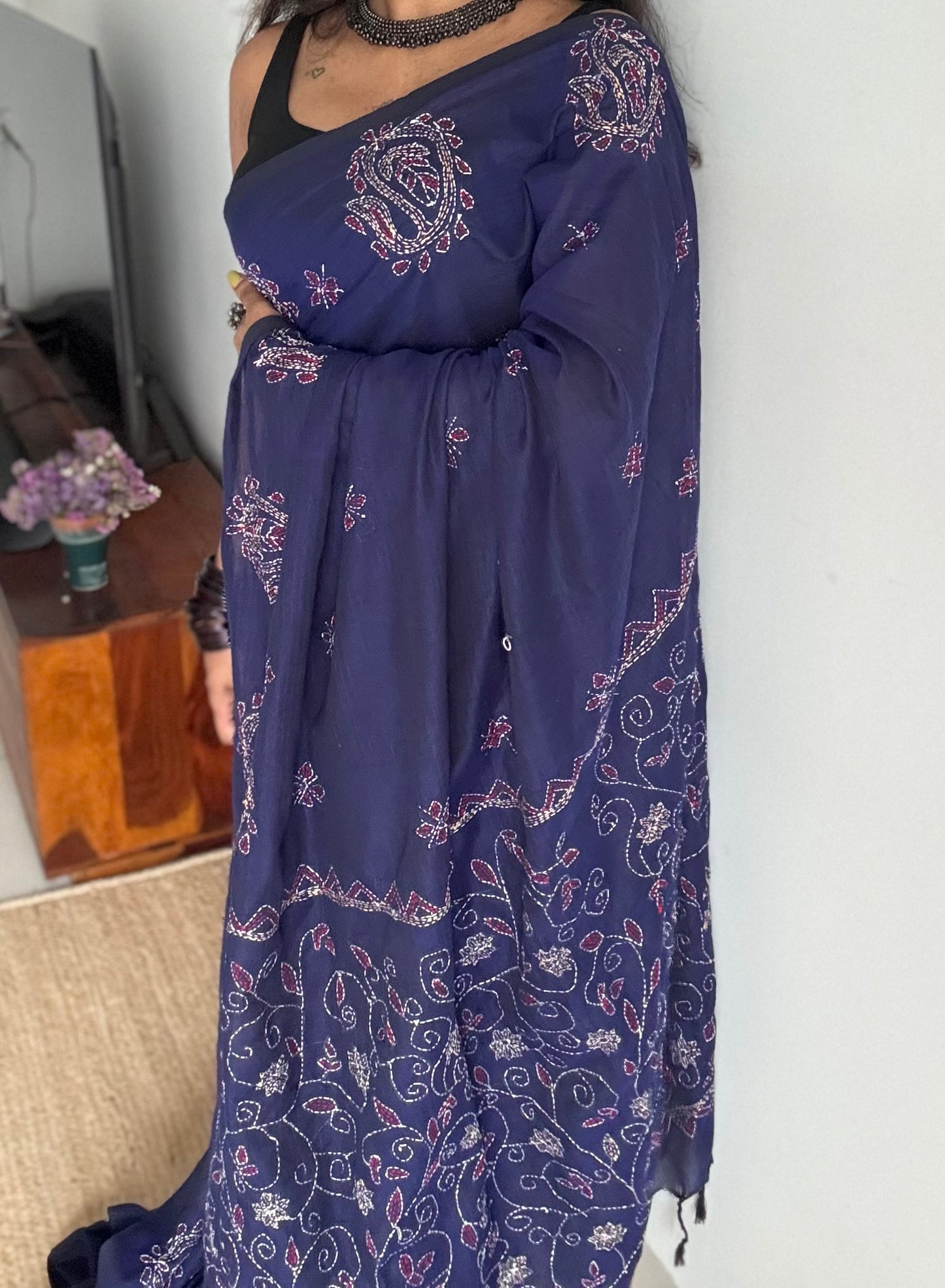 Embroidered blue kantha weave in soft cotton - YCBCKKJA143