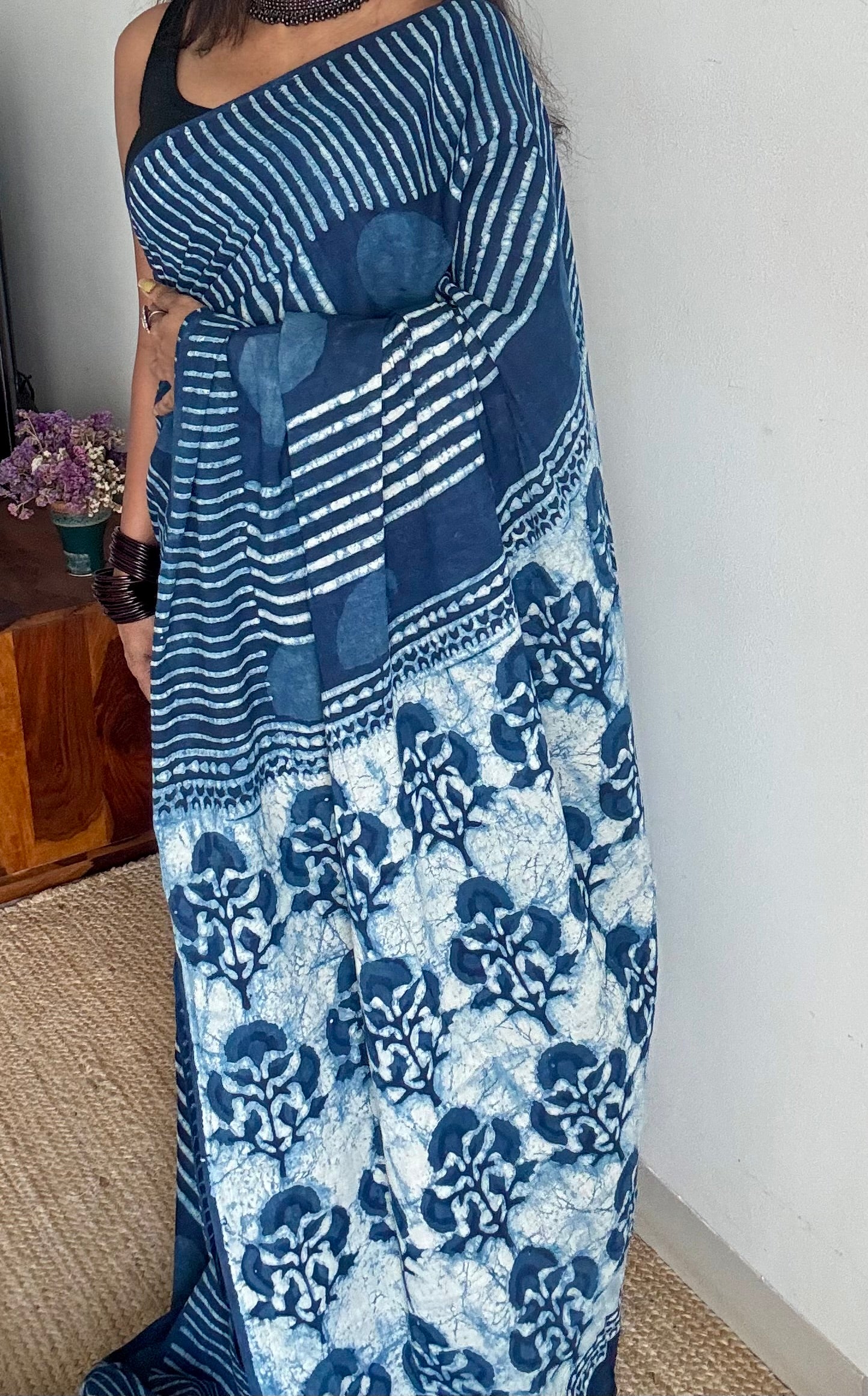 Indigo with circle and line motifs, block printed soft cotton saree - YCTORCMA24