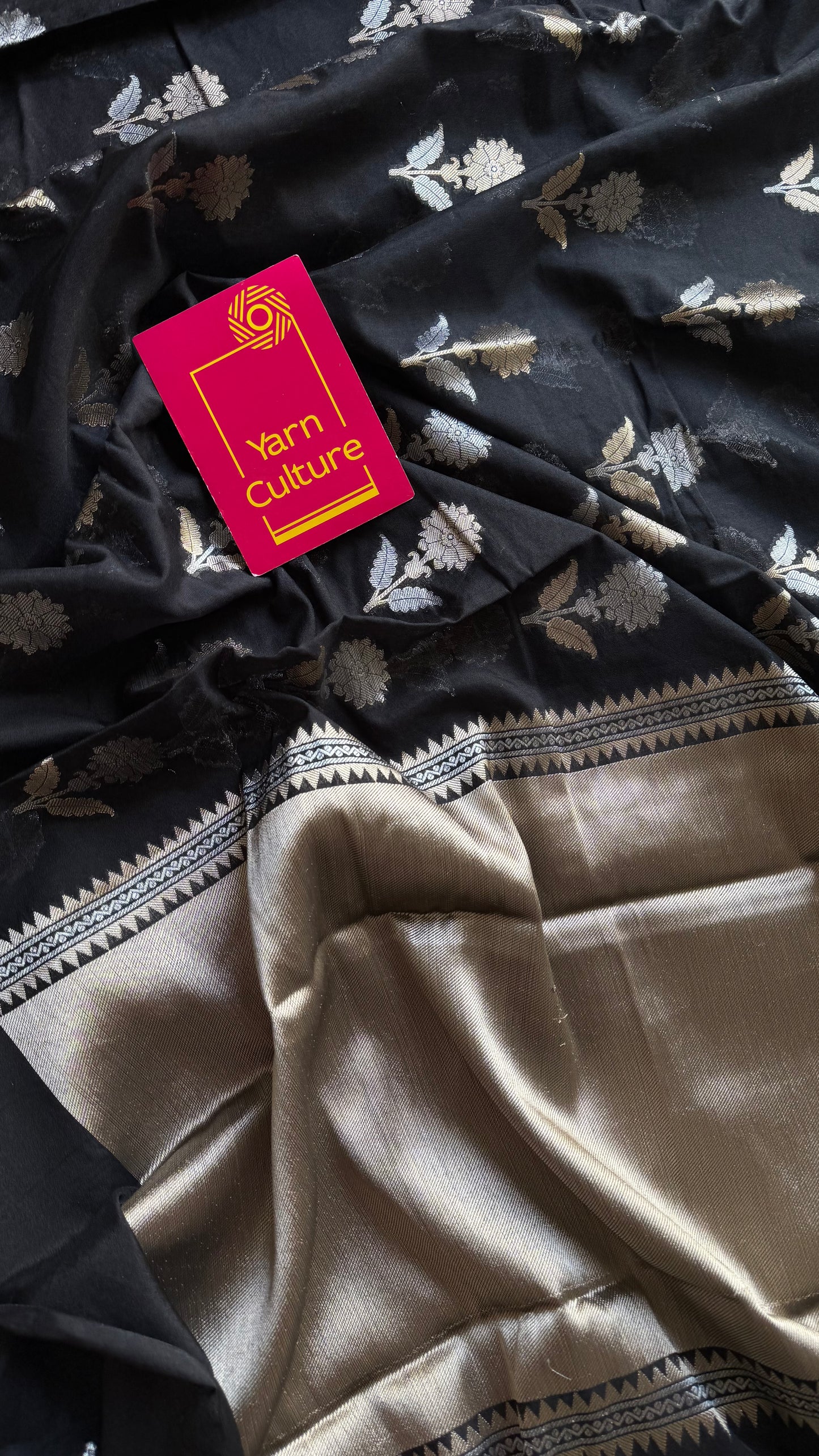 Black with gold and silver floral buttas, Banarasi semi-crepe silk - YCDESE49