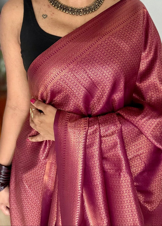 Wine, antique gold zari, semi-silk - YCDOSOCSS05