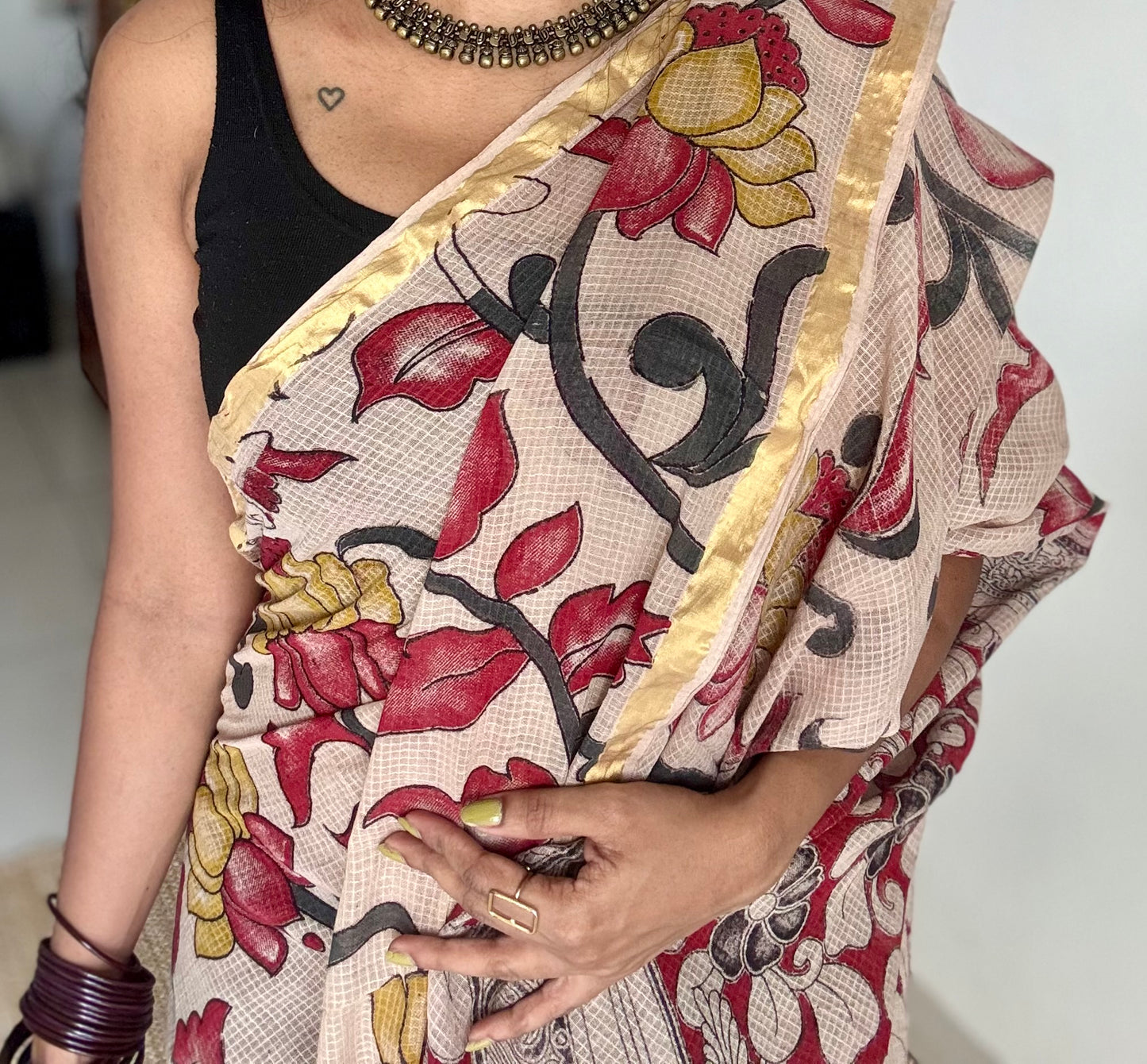 Cream multicoloured floral kalamkari saree in kota - YCWOTDMA357
